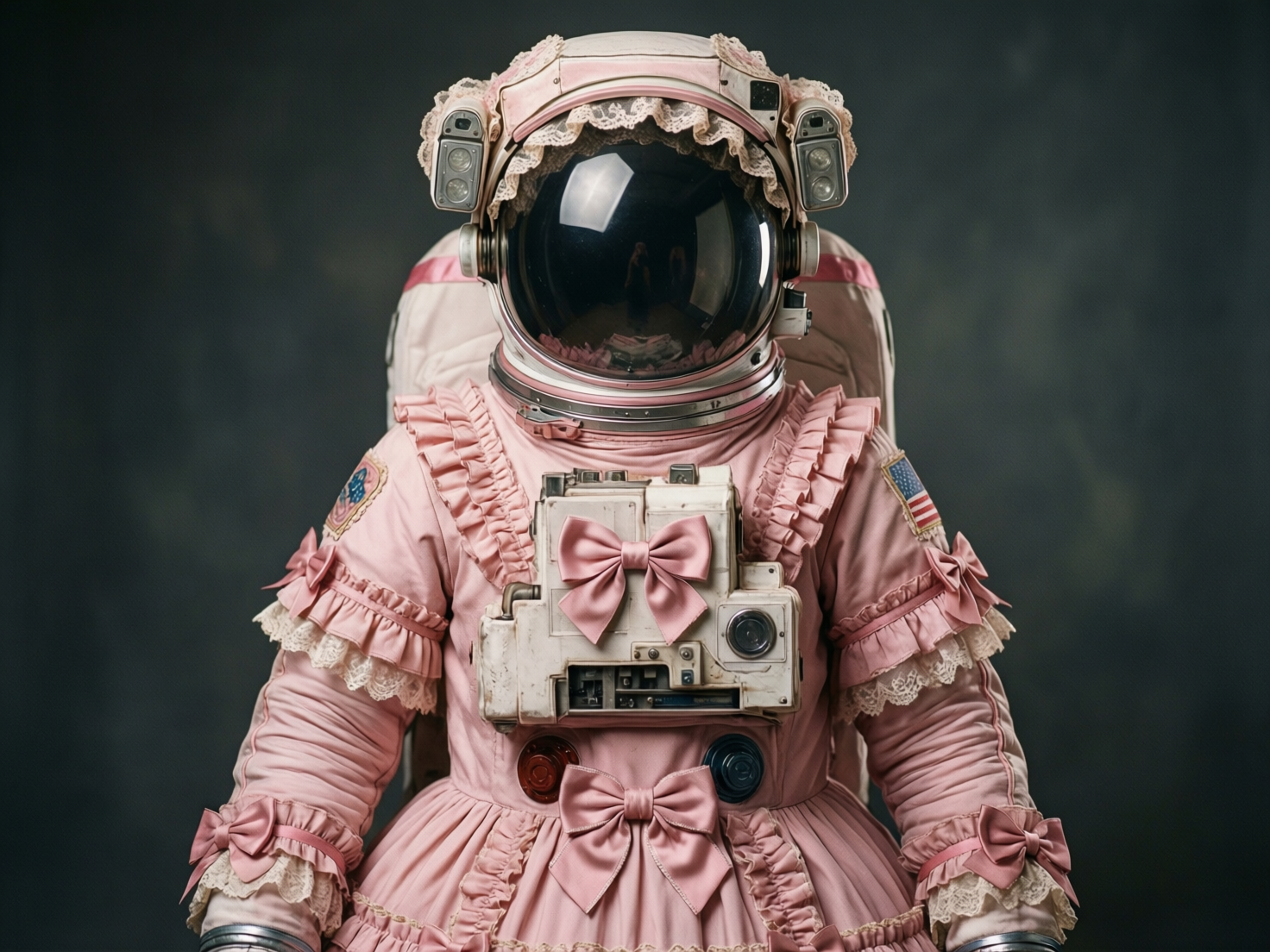 图中展示了一位身着奇特宇航服的人物，背景是深灰色的纯色墙面。这套宇航服融合了硬核航天装备与甜美洛丽塔风格，整体呈现柔和的粉红色。头盔边缘装饰着精致的蕾丝花边，胸前的生命维持装置上点缀着一个巨大的粉色蝴蝶结，袖口和裙摆处也布满了层叠的褶边与蝴蝶结装饰。宇航服的肩膀处贴有类似美国国旗的臂章，但细节模糊。

画面中存在明显的 AI 生成缺陷：首先，左肩上的旗帜图案杂乱，并非真实的国旗；其次，胸前机械装置的结构逻辑混乱，旋钮与电线接口显得随意且不对称；最显著的缺陷在于人物的双手部分，手部结构完全缺失或隐没在袖口褶皱中，比例极不自然。此外，头盔面罩的反射影中隐约出现了不属于该场景的人影，透视关系略显诡异。