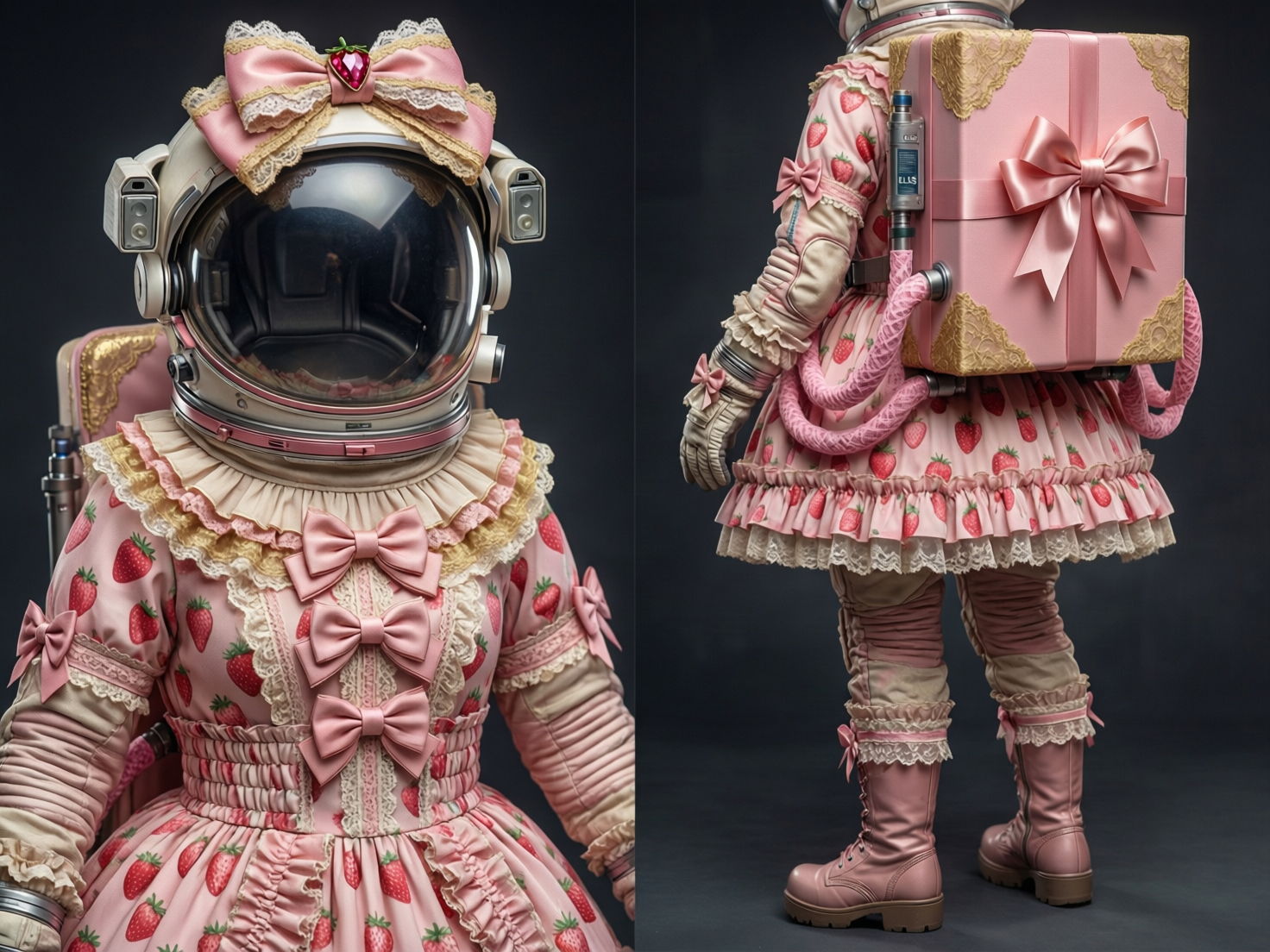 图中展示了一套极具创意且风格独特的“草莓洛丽塔”主题航天服，分为正面近景和背面全景两个视角。整套服装以粉色和米白色为主调，布满了红色的草莓印花。航天盔顶端装饰着巨大的粉色蕾丝蝴蝶结，中心镶嵌着草莓形状的红宝石。宇航服的躯干部分设计成了蓬松的百褶裙样式，点缀着大量丝缎蝴蝶结、蕾丝花边和荷叶褶皱，背面则背着一个巨大的粉色礼盒状生命维持系统，上面系有精美的丝带。

画面呈现出一种超现实的甜美工业风，色彩明亮且细节繁复。然而，图中存在明显的 AI 生成缺陷：在正面视角中，人物左侧的手臂末端缺失了手部，直接没入阴影；在背面视角中，人物右手的指缝处结构模糊，且连接背部礼盒的粉色管道与身体的穿插逻辑不合理，显得有些生硬。此外，靴子上的鞋带纹理在细节处也显得不够连贯。