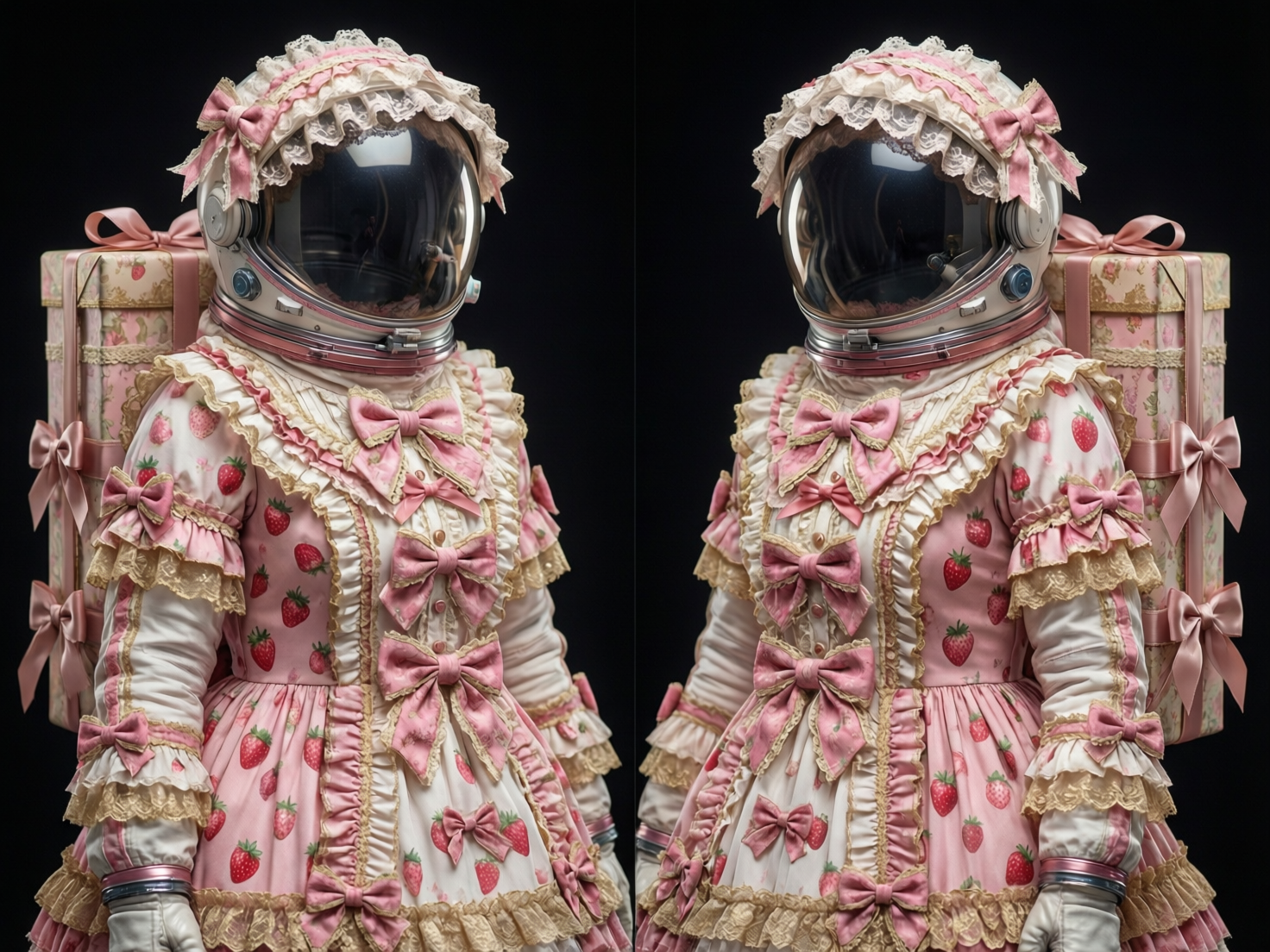 画面中展示了两名身着奇特服装的宇航员，并排站立在纯黑色的背景前。这套服装将硬核的航天装备与甜美的洛丽塔（Lolita）风格完美融合：宇航员穿着粉白相间的连体服，上面布满了鲜红的草莓图案，并装饰有大量的蕾丝花边、褶皱和粉色蝴蝶结。头盔顶部围着一圈蕾丝头饰，背后背着的生命保障系统背包也被装饰成了一个巨大的粉色碎花礼品盒。整体色调以柔和的粉色、奶油色和草莓红为主，构图对称，呈现出一种超现实的梦幻感。

作为 AI 生成的图像，画面存在一些明显的逻辑缺陷：左右两名宇航员的服装细节虽相似但不完全一致，蝴蝶结的形状和分布略显杂乱。最明显的缺陷在于手部，画面下方露出的白色宇航员手套结构模糊，指关节缺失且形状扭曲，与精细的服装纹理形成鲜明对比。此外，头盔面罩上的反光虽然增加了质感，但反射出的环境光影与纯黑背景并不符合，透视关系略显生硬。