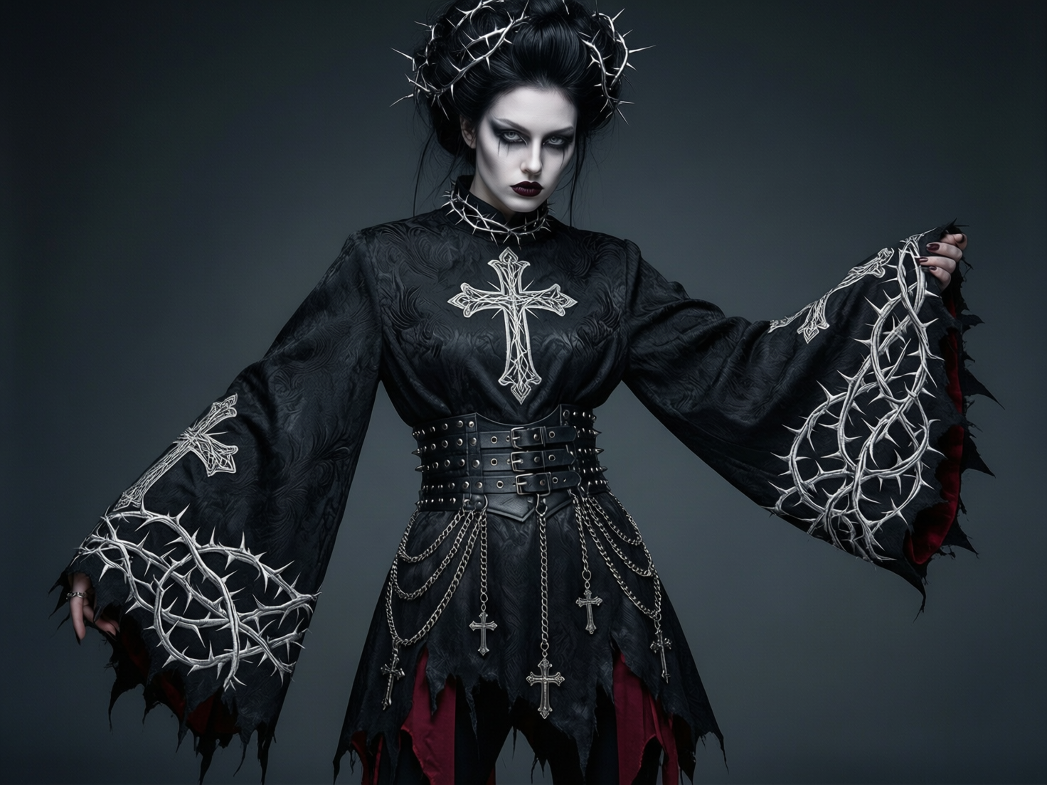 图中展示了一位具有哥特风格的女性，她站在深灰色的背景前，整体色调冷峻且阴郁。她面色惨白，画着浓重的黑色眼影和深红色的唇妆，眼神凌厉。她头戴荆棘冠冕，身穿一件黑色的宽袖长袍，胸前绣有银色的十字架，袖口装饰着复杂的荆棘图案。腰间束着多条带有金属扣和铆钉的黑色皮带，下方垂挂着数条带有十字架吊坠的银色链条。

在 AI 生成的细节方面，存在明显的逻辑缺陷：画面右侧（人物的左手）手指数量异常，且指尖的生长方向扭曲，与衣袖边缘的连接显得生硬。左侧（人物的右手）手指结构模糊，看起来像是不规则的肉团。此外，腰部皮带的扣环逻辑混乱，金属链条的透视感略显平面，部分荆棘线条在交织处出现了断裂或融合不当的现象。