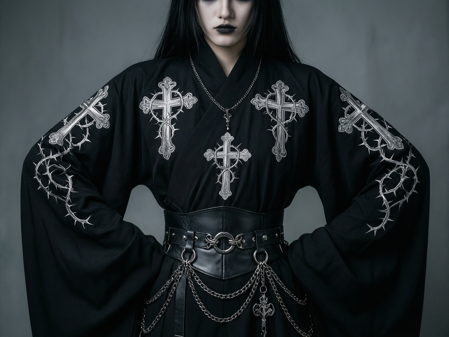 图中展示了一位具有哥特风格的人物半身像。人物留着黑色长直发，皮肤苍白，涂着深黑色唇膏，神情冷峻。她穿着一件宽大的黑色交领长袍，胸前和双袖绣有醒目的银灰色十字架与荆棘缠绕的图案。腰部束有一条宽大的黑色皮质腰封，上面装饰着金属环扣和垂下的细铁链。背景为纯净的深灰色，构图对称，人物双手叉腰，营造出一种神秘且肃穆的氛围。在 AI 生成的细节方面，存在一些明显的逻辑缺陷：人物右侧袖子上的十字架图案发生了扭曲，且荆棘的线条与袖子褶皱的衔接不自然；腰带上的金属环和链条在交接处显得模糊且结构混乱，缺乏真实的重力感。此外，人物的颈部线条与衣领的结合处略显生硬，缺乏合理的透视深度。