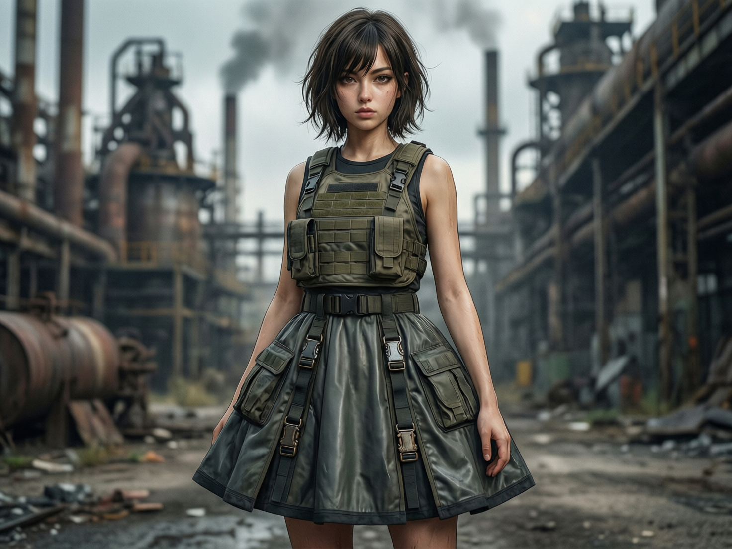 图中展示了一位留着深色凌乱短发的年轻女性，她正站在一个充满废土气息的工业区中心。她身穿一件融合了战术风格的独特服饰：上半身是军绿色的战术防弹背心，配有多个口袋和插扣；下半身是一条同样色系的伞状短裙，裙摆上点缀着复杂的织带和金属扣件。背景是阴天下的废旧工厂，可以看到高耸的烟囱正冒出灰色浓烟，周围布满了锈迹斑斑的管道、大型储罐和散落的建筑碎片，整体色调偏向冷峻的灰绿色。

画面中存在一些明显的 AI 生成缺陷：女性的左手（画面右侧）手指比例失调，显得异常细长且关节扭曲；她裙子上的织带和扣件逻辑混乱，部分织带似乎凭空出现或消失，没有实际的连接点；此外，背景中烟囱排出的烟雾边缘显得过于生硬，与天空的融合不够自然，左侧背景的金属结构也存在透视上的轻微扭曲。