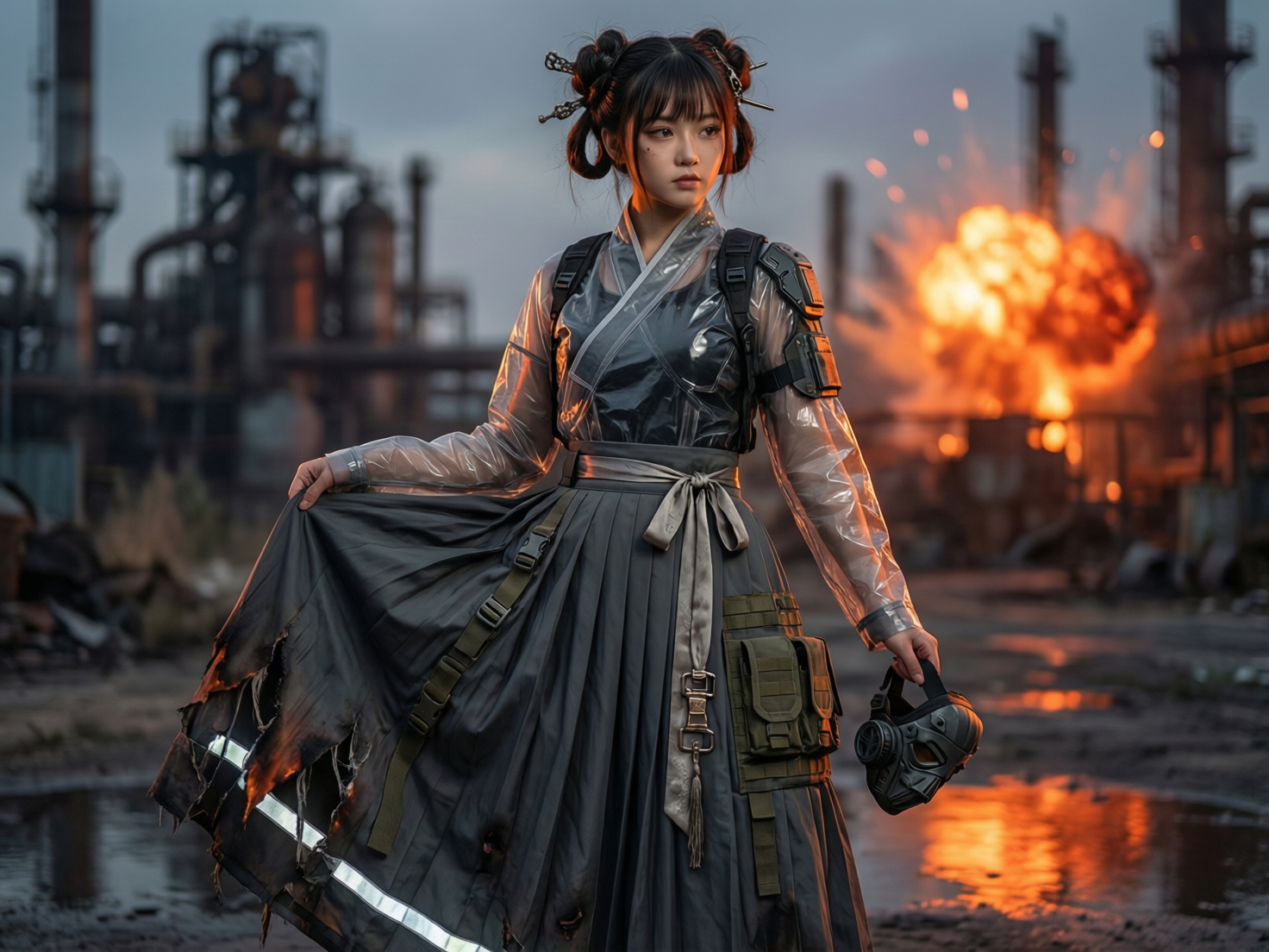 图中展示了一位融合了古风与废土工业风格的年轻女性，她站在一片荒凉的工厂遗迹中。女子梳着精致的双丸子头，插有金属发簪，身穿一件半透明材质的改良汉服，外层套有战术背带和护肩，下身是带有口袋和反光条的深灰色百褶长裙，裙摆处有明显的破损和焦灼痕迹。她右手提着裙摆，左手拎着一个防毒面具。背景是阴暗的工业管道和高塔，右侧有一处剧烈的爆炸火光，将地面水洼映照成橙红色。画面构图均衡，冷调的工业背景与暖色的火光形成强烈对比。在 AI 生成细节方面，存在明显的逻辑错误：女子的左手手指结构模糊且扭曲，与防毒面具的连接处极不自然；裙摆上的战术扣带悬浮在布料上，缺乏真实的物理受力感；背景中的火光虽然明亮，但其光源对人物发丝和面部的照射效果略显生硬，缺乏环境融合的真实性。