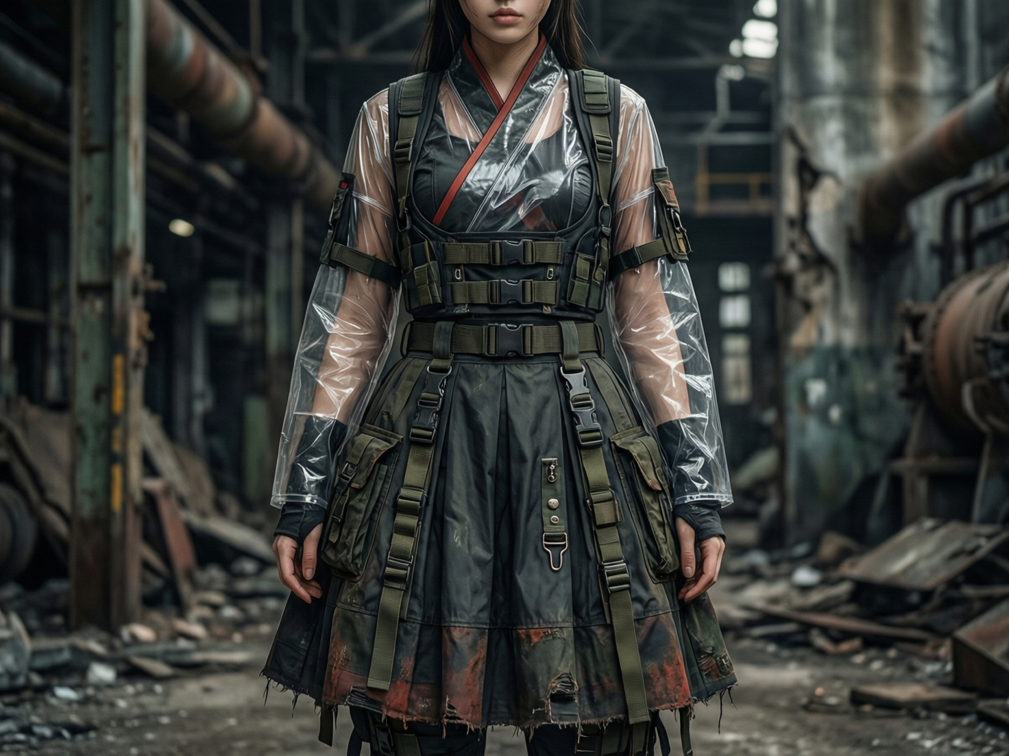 图中展示了一位身处废旧工业厂房中心的女性，她正对镜头站立，画面呈现出一种结合了废土风与赛博朋克的独特美感。女性穿着一套复杂的战术服饰：内层是带有红色滚边的黑色中式交领上衣，外罩一件透明塑料质感的长袖外套，并叠穿了大量军绿色战术背心、插扣腰带和多口袋半身裙，裙摆处有明显的磨损与污渍。背景是昏暗且破败的工厂内部，可见锈迹斑斑的大型管道、金属支架和满地的碎石瓦砾，整体色调以冷灰色、军绿色和深黑色为主。

在 AI 生成细节方面，存在明显的逻辑缺陷：女性的双手手指显得僵硬且比例失调，指尖的形状模糊不清。此外，她身体左侧（画面右侧）的透明袖子与手套的衔接处透视关系混乱，战术背心上的多条织带与插扣在结构上并不连贯，部分金属扣件像是直接漂浮或融合在布料上，缺乏真实的物理支撑逻辑。