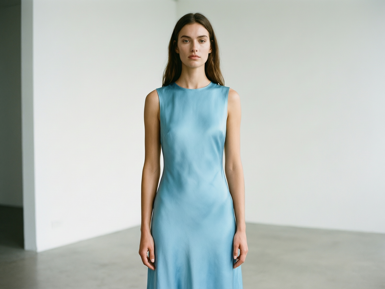 图中展示了一位年轻女性模特，她正对着镜头站立在一个极简主义风格的室内空间。她留着深棕色的中分长发，神情冷峻平淡。她穿着一件天蓝色的无袖绸缎长裙，裙子表面带有细腻的光泽感。背景是纯白色的墙壁和灰色的水泥地面，构图简洁，光线柔和且均匀。

在 AI 生成的细节方面，画面存在一些明显的逻辑缺陷：最显著的问题在于人物的手部，模特的双手自然下垂，但手指的结构显得模糊且不自然，尤其是右手（画面左侧）的手指长度比例失调，指尖形状扭曲。此外，裙子在胸部和腰部的褶皱纹理略显生硬，缺乏真实织物的重力自然下垂感。模特的双肩线条过于平直对称，呈现出一种略显僵硬的人工感。