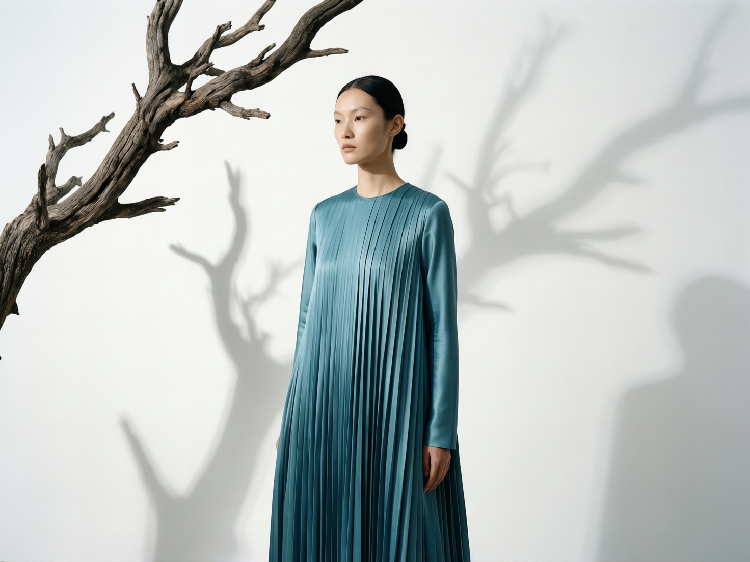 图中展示了一位具有东亚面孔特征的女性模特，她身处一个极简主义的纯白空间内。模特神情冷峻，留着整洁的黑色盘发，身穿一件质感丝滑的孔雀蓝长袖百褶连衣裙，裙摆的垂直褶皱延伸至画面底部。画面左侧有一截苍劲、干枯的褐色树枝斜向伸入，白色的背景墙上投射出树枝斑驳、扭曲的阴影，营造出一种东方禅意与现代时尚结合的氛围。光线柔和且具有方向感，使得整体色调清新而高雅。在 AI 生成的细节方面，存在明显的逻辑缺陷：画面左侧的实物树枝仅有一截，但在模特身后的墙面上却出现了多处来源不明、形状复杂的树影，且影子的投射角度与实物并不完全匹配；此外，模特垂下的左手手指轮廓略显模糊，与整体清晰的画质略有出入。