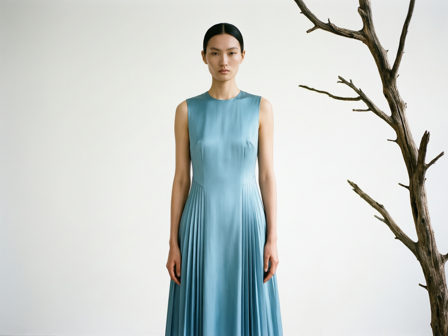 图中展示了一位具有东亚面孔特征的女性模特，她正对着镜头站立在纯白色的背景前。她留着整洁的中分黑发，表情冷峻。她穿着一件天蓝色的无袖长裙，裙子的上半部分平整贴身，腰部以下则设计成细密的百褶裙摆，整体风格简约且具有现代感。画面右侧有一株干枯的深褐色树枝作为装饰，树枝线条扭曲，与简洁的人物形象形成对比。构图平衡，光线柔和均匀。在 AI 生成的细节方面，存在明显的逻辑缺陷：模特的双手自然下垂，但手指的结构显得模糊且不自然，尤其是左手（画面右侧）的手指似乎与裙摆的褶皱融合在了一起，缺乏清晰的指节轮廓。此外，裙子胸部的缝合线略显生硬，右侧腋下的剪裁透视也稍显不协调。