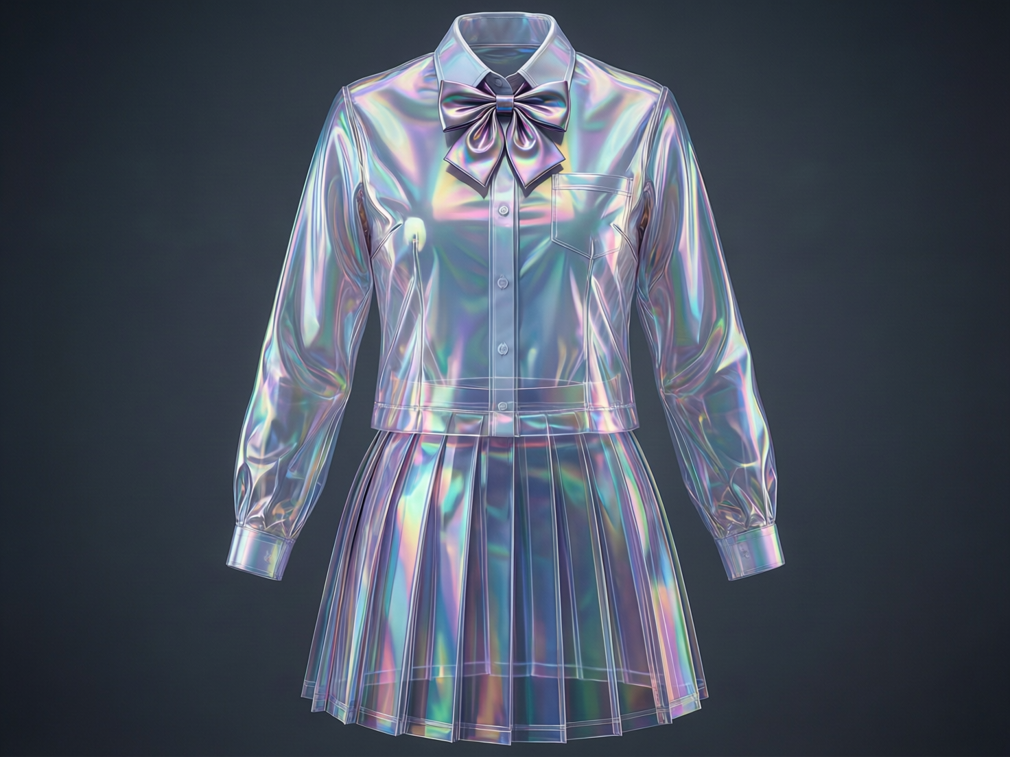 画面中展示了一套具有未来科技感的女性校服套装，背景为纯净的深灰色，使主体更加突出。这套服装由一件长袖衬衫和一条百褶短裙组成，领口处系有一个精致的蝴蝶结。整套衣服采用了全透明且带有全息霓虹光泽的材质，表面流转着如彩虹般的粉、紫、蓝、绿等幻彩颜色，呈现出一种类似肥皂泡或液态金属的高级质感。构图上，服装以正面居中的方式悬浮展示，仿佛穿在隐形人身上，褶皱和光影处理得非常细腻。然而，画面中存在明显的 AI 生成缺陷：衬衫中间的门襟纽扣排列不均，且在腰部位置与下方的百褶裙产生了不自然的重叠与透视错误，导致腰带部分的结构模糊不清。此外，左侧袖口与衣身的连接处线条略显生硬，缺乏真实的缝纫逻辑。