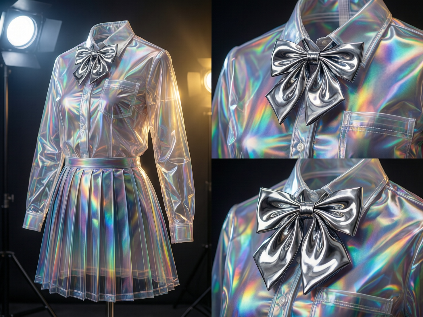 图中展示了一套极具未来感的女性制服，由一件长袖衬衫和一条百褶短裙组成。整套服装采用全透明且带有全息虹光质感的材质，表面闪烁着如彩虹般的金属光泽，在深色背景和摄影灯的照射下显得格外耀眼。衬衫领口系着一个巨大的银色金属质感蝴蝶结，右侧则是两张细节放大图。画面构图简洁，左侧为全身展示，右侧为领口细节。

作为 AI 生成的图像，画面中存在一些明显的逻辑缺陷：首先，衣服呈现出一种“隐形人”穿着的状态，内部完全中空却维持着饱满的人体形态，且透视关系显得有些生硬；其次，衬衫的扣子与门襟在放大图中显得模糊且排列不均；最明显的问题在于右侧的两张细节图几乎完全一致，缺乏差异化的观察角度，且蝴蝶结的褶皱纹理在精细度上显得有些机械重复，缺乏真实织物或金属的自然随机感。