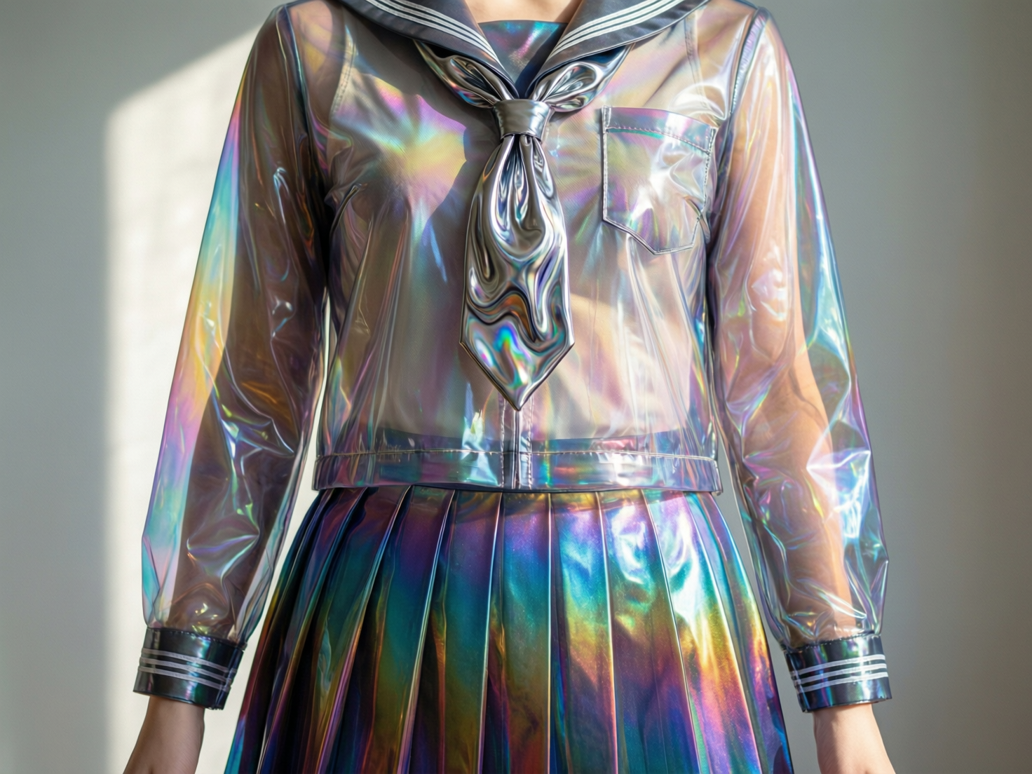 图中展示了一套极具未来主义风格的日式水手服。画面采用了中景构图，聚焦于人物的躯干部分，背景是简洁的浅灰色墙面，左侧有柔和的阳光投射。这套制服由独特的全息幻彩材质制成，呈现出半透明且带有金属光泽的质感。上衣是长袖水手衫，领口系着一条同样材质的领带，表面折射出紫、蓝、金、绿等如彩虹般绚烂的色彩。下半身搭配一条色彩更深、金属感更强的百褶裙。然而，画面中存在明显的 AI 生成缺陷：领带的形状极度扭曲，纹理呈现出不自然的液态流淌感；左侧袖口与手腕的连接处结构模糊，且左手手指部分缺失；上衣的口袋缝线与整体透视略显不协调，材质的褶皱感在某些部位显得过于僵硬且缺乏真实的物理逻辑。
