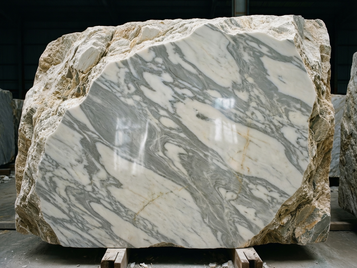 图中展示了一块巨大的天然大理石原石，放置在室内仓库的木质支架上。这块石头呈现出粗犷的外形，边缘保留着未经打磨的米白色岩石质感，显得厚重且坚硬。石头的正面被切割并抛光成一个巨大的平面，显露出精美的水墨画般纹理：洁白的底色上交织着深浅不一的灰色和淡黄色条纹，光泽感极强，甚至能隐约看到室内光线的倒影。背景是昏暗的工业厂房环境，隐约可见其他石材堆放。

画面中存在明显的 AI 生成缺陷：首先是透视逻辑异常，抛光平面的边缘与外围粗糙岩石的衔接过于生硬，缺乏自然的物理过渡；其次，抛光面上的反光倒影显得模糊且扭曲，无法对应真实的室内光源结构；最明显的缺陷在于底部支撑的木架，其结构模糊且不完整，右侧的木块似乎直接嵌入了地面或消失在阴影中，缺乏合理的重力支撑感。