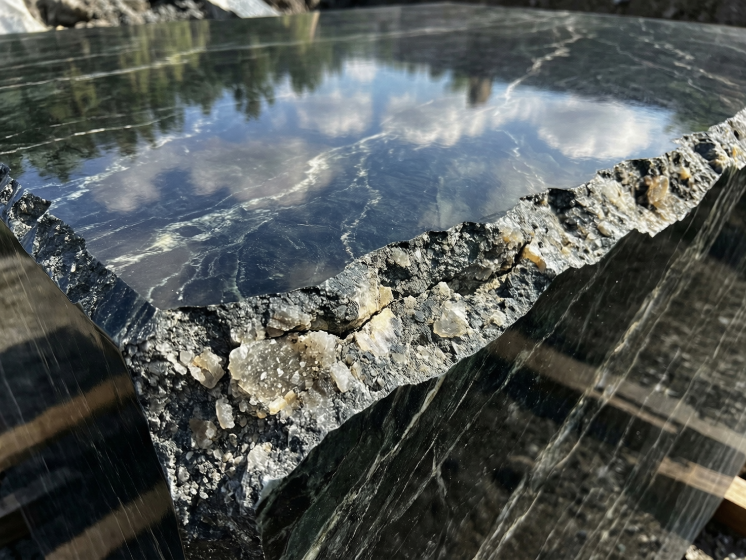 画面中展现了一块巨大的深色大理石立方体石材，视角聚焦于石块的一个转角处。石块顶部表面经过精细抛光，呈现出如镜面般的质感，清晰地倒映着上方的蓝天、白云以及远处的树木。石材整体呈深灰色或墨绿色，表面布满了细碎的白色大理石纹路。与平滑的顶部形成鲜明对比的是，石块的边缘呈现出粗糙、破碎的断裂面，露出了内部灰白相间的晶体颗粒和不规则的岩石质地。

作为一张 AI 生成的图片，画面中存在一些逻辑和视觉上的异常。首先，石块顶部的抛光面倒映出的风景与背景环境并不完全匹配，倒影中的树木显得有些模糊且结构混乱。其次，石块边缘的破碎处纹理过于细碎且分布不自然，部分晶体的透视关系与石块整体的几何结构略有脱节。此外，石块左侧垂直面的纹理呈现出过于规整的平行线条，看起来更像是数字拉伸的痕迹而非天然石纹。这些细节暗示了图像是由算法合成而非实景拍摄。