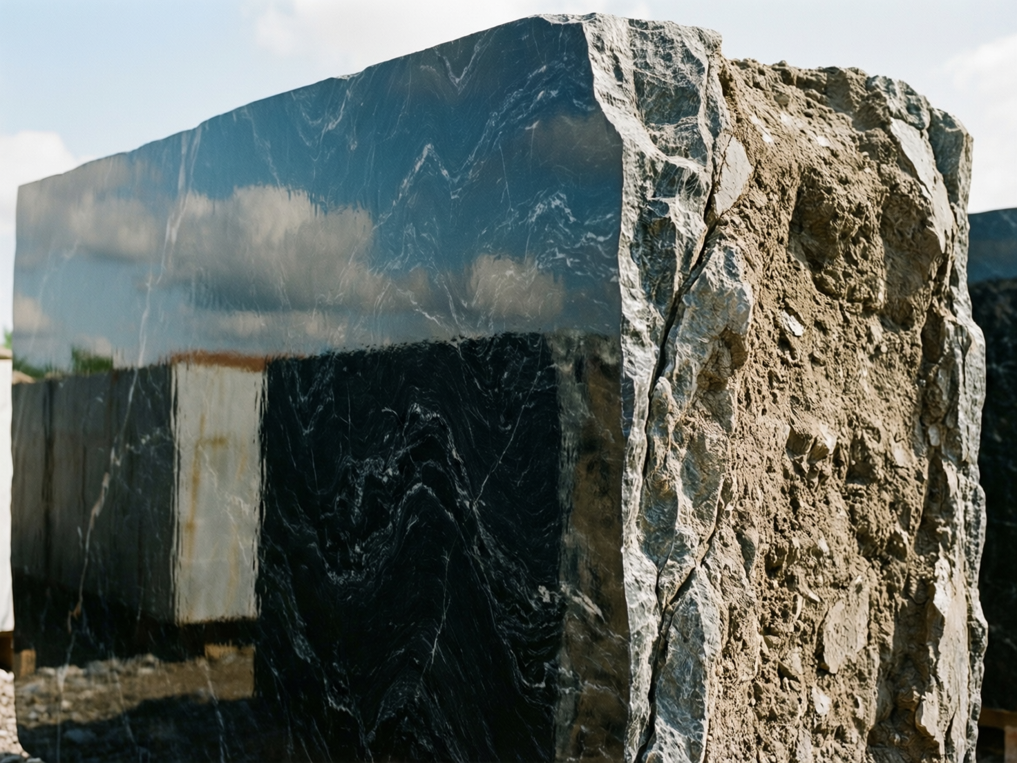 图中展示了一块巨大的、呈长方体形状的深色大理石荒料，静置在户外的阳光下。这块石材呈现出强烈的质感对比：左侧的主立面经过高度抛光，像镜子一样平整，倒映着蓝天、白云以及周围模糊的工业背景；而右侧的侧面则保留了原始开采时的粗糙断裂面，呈现出灰褐色的颗粒感和不规则的岩石纹理。石材表面布满了自然的白色流线型花纹，在深色的基底上如同水波荡漾。画面构图采用斜向透视，强调了石块的厚重感。在 AI 生成的细节方面，存在明显的逻辑缺陷：左侧抛光面反射出的景物与背景环境并不匹配，反射中的白色矩形物体在现实空间中没有对应来源；此外，石块顶部的边缘线条过于锋利且不自然，右侧粗糙面的光影过渡显得有些生硬，缺乏真实岩石受光时的自然层次感。