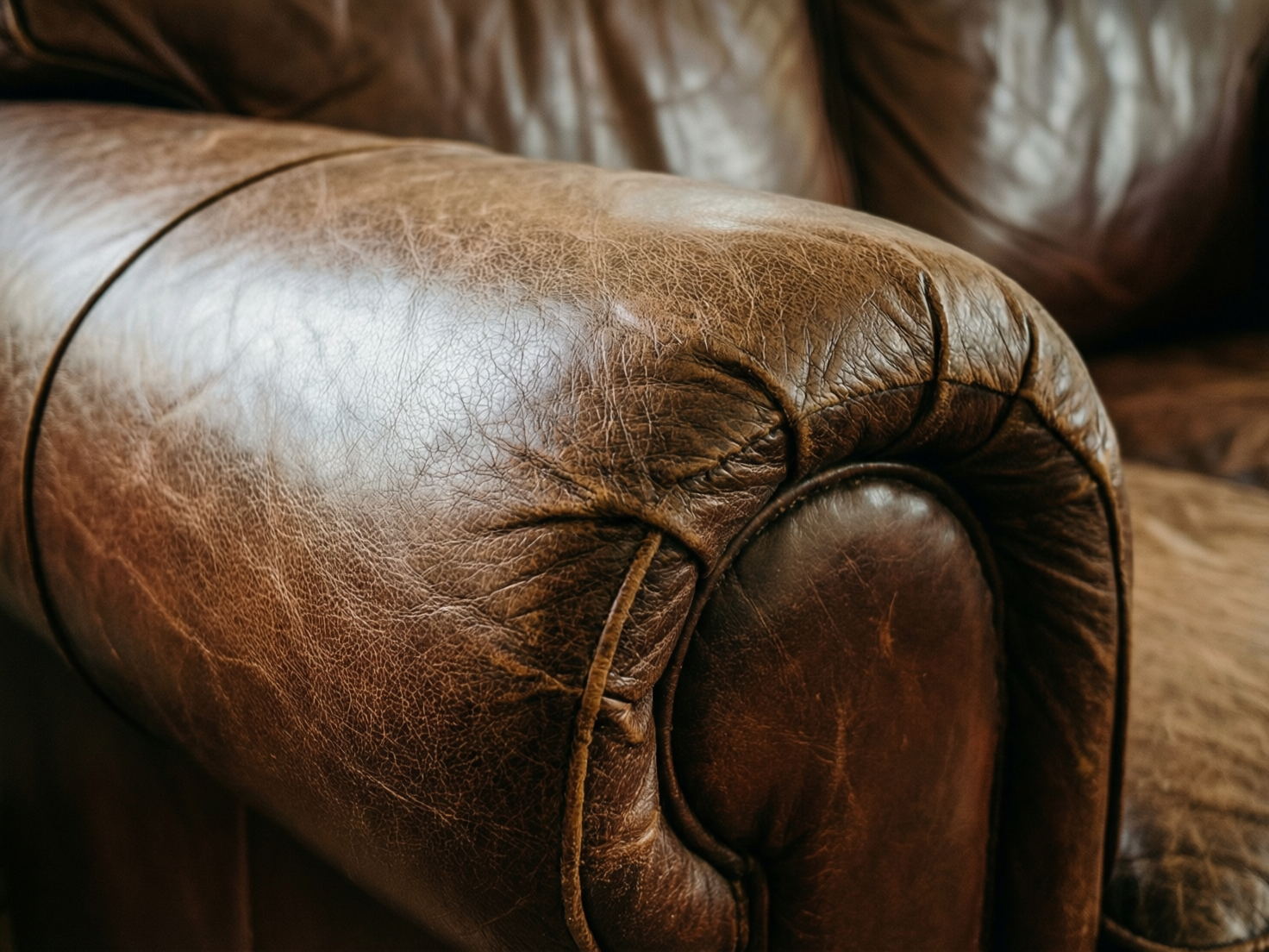 图中展示了一张深棕色复古皮沙发的近距离特写，镜头聚焦在沙发宽大的扶手部位。皮革表面呈现出饱满的光泽和细腻的自然纹理，布满了错综复杂的褶皱与磨损痕迹，透出一种陈旧而厚重的质感。色调以温暖的焦糖色和深咖啡色为主，光线从左上方照射，在扶手圆润的弧面上形成了柔和的高光。背景中的靠背部分处于虚化状态，增强了画面的空间深度感。

在 AI 生成的细节方面，存在一些逻辑上的瑕疵：扶手前端的皮革缝合线与褶皱的衔接显得不够自然，部分缝线在转折处突然消失或与皮革纹理混淆。此外，扶手侧面的圆形包边结构在透视上略显扭曲，内部的填充感分布不均，使得该处的物理结构看起来有些生硬，不符合真实家具的受力逻辑。