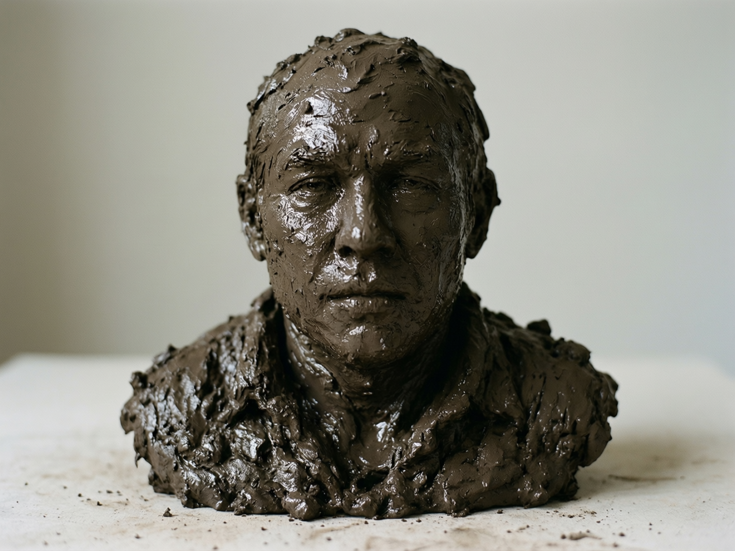 图中展示了一尊写实风格的男性半身塑像，整体呈现出深褐色湿润泥土的质感。这尊雕塑位于画面中心，背景是简洁的浅灰色墙面。人像的面部特征清晰，眼神深邃且略显忧郁，嘴唇紧闭，展现出一种沉静而严肃的神态。泥土的纹理非常粗犷，表面布满了不规则的刮痕和堆砌的泥点，在光线下闪烁着湿润的光泽，仿佛刚刚被捏塑完成。雕塑的肩部线条模糊，与底座部分的泥团融为一体，散落在白色台面上的泥屑增强了真实感。

在 AI 生成的细节方面，画面存在一些逻辑异常：雕塑右侧（读者的左手边）的耳朵轮廓显得非常模糊且不完整，与左侧耳朵的清晰度不匹配。此外，颈部与衣领交界处的结构过于混乱，泥土的堆叠方式在物理透视上显得有些生硬，缺乏自然的重力下垂感。整体构图虽然稳重，但人像头顶的泥土突起分布得过于均匀，略显刻意。
