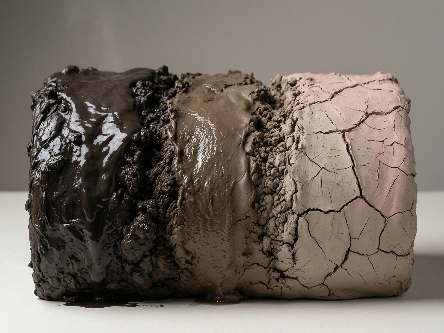 图中展示了一个横向放置的圆柱状物体，呈现出从湿润到干裂的质感渐变过程。画面构图简洁，主体位于浅灰色的背景和平面之上。圆柱体从左至右分为三个主要区域：最左侧是深咖啡色的湿润泥浆，表面油亮且有液体流动的反光；中间部分转变为较浅的棕色，质感变得粘稠且带有颗粒感；最右侧则是淡粉灰色的干燥土质，表面布满了密集的龟裂纹路。这种对比生动地模拟了水分蒸发的过程。在 AI 生成的细节方面，可以观察到一些逻辑上的瑕疵：圆柱体左侧底部的泥浆流向与支撑平面接触的方式略显生硬，缺乏自然的渗透感；右侧干裂纹路的走向在圆柱边缘处显得过于规整，且部分裂缝的深度与阴影表现不够一致，带有明显的数字合成痕迹。