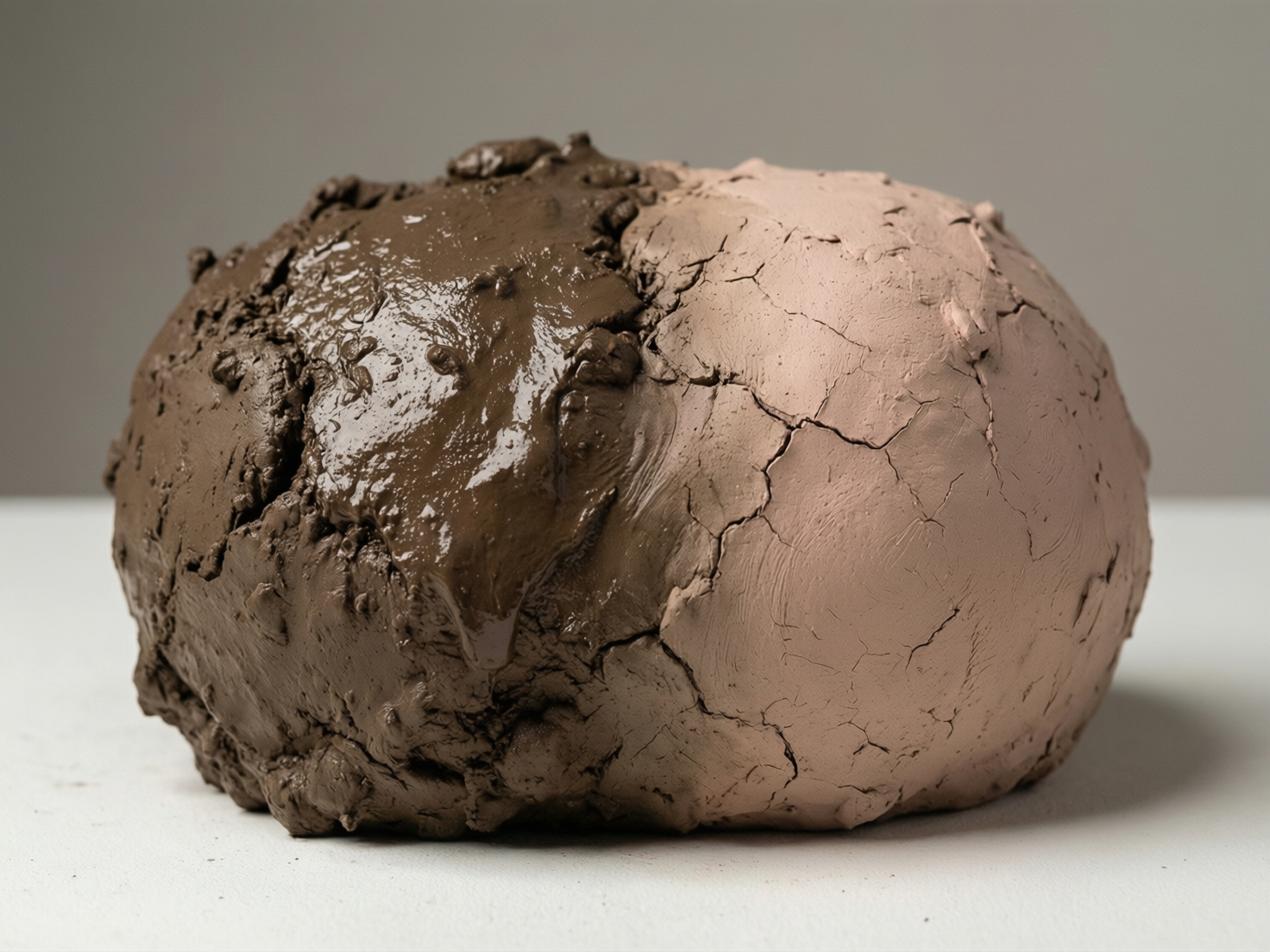 图中呈现了一个放置在白色平面上的椭圆形泥团，背景为纯净的浅灰色，构图简洁且具有雕塑感。这个泥团呈现出两种截然不同的质感对比：左侧是深褐色的湿润粘土，表面油亮，仿佛刚被水打湿，甚至有液体向下流淌的痕迹，显得粘稠且厚重；右侧则是浅粉褐色的干燥泥土，表面布满了细密且不规则的干裂纹路，显得粗糙而脆弱。两种状态在中间交汇，形成鲜明的干湿对比。

在 AI 生成的细节方面，画面存在一些逻辑上的瑕疵。首先，泥团左侧湿润部分的流淌痕迹与下方的干裂纹路衔接得不够自然，液体似乎凭空悬停在裂缝边缘。其次，泥团底部与白色平面的接触位置缺乏真实的阴影过渡，显得有些漂浮。此外，右侧干燥部分的裂纹分布过于均匀且细碎，略显刻意，缺乏自然干涸时产生的深浅层次感。尽管如此，整张图片成功地通过色彩和纹理传达了物质状态的剧烈转变。