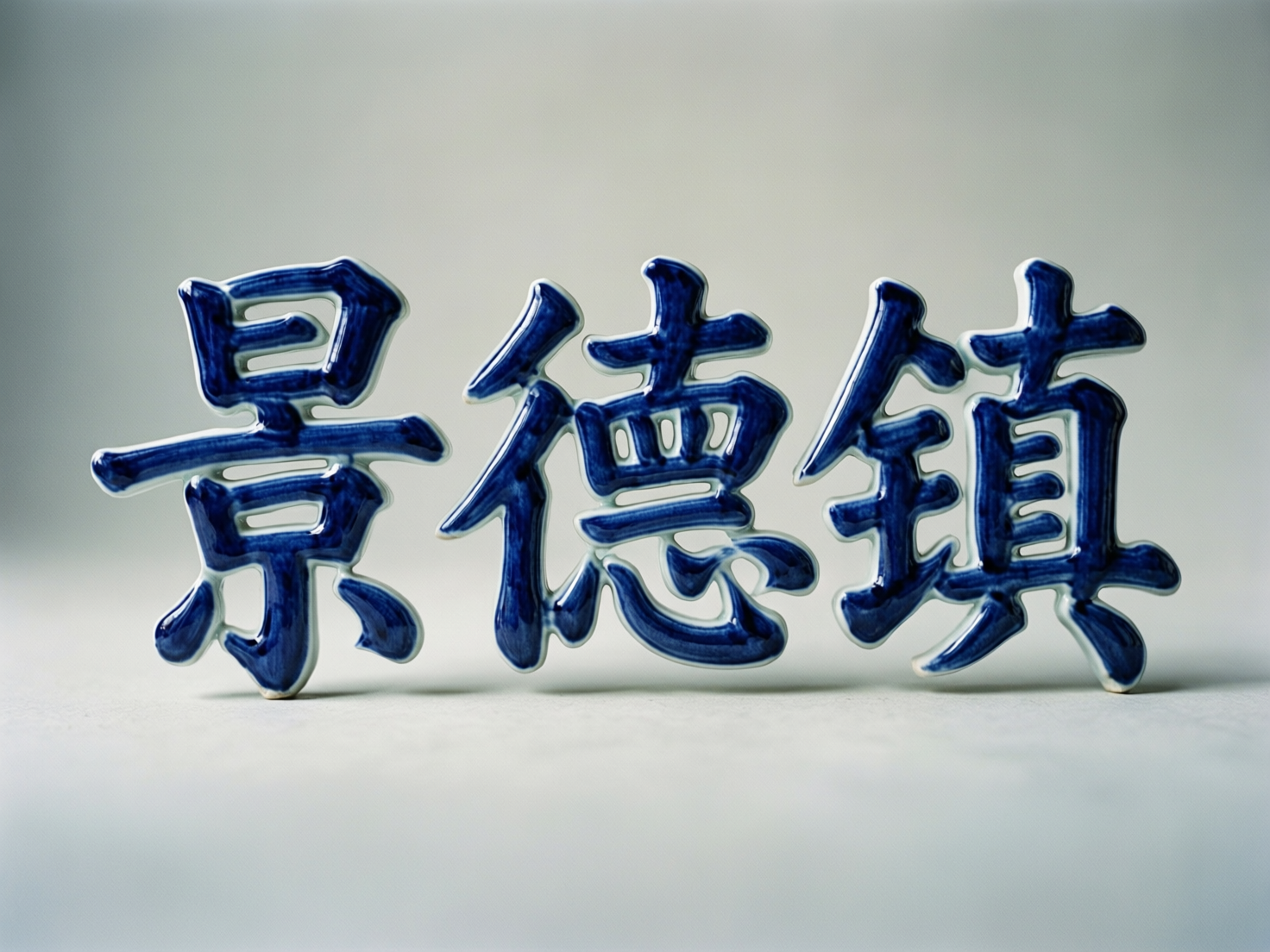 图中展示了三个立体的陶瓷质感汉字“景德镇”，整齐地排列在浅灰色的平滑背景上。这些汉字采用了中国传统的青花瓷风格，主体为深邃的靛蓝色，边缘勾勒出洁白的瓷釉质感，表面带有温润的光泽，仿佛是由精细的瓷土烧制而成。构图简洁，采用水平视角，光线从上方柔和洒下，在字体的下方投射出淡淡的阴影，增强了物体的立体感。

然而，作为一张 AI 生成的图片，画面中存在明显的文字结构缺陷。第一个“景”字的下半部分笔画发生了扭曲和融合，导致结构不清晰；中间的“德”字右半部分缺少了关键的横画和心字底，笔画显得杂乱且不符合汉字规范；第三个“镇”字的右侧“真”部也出现了笔画缺失和变形。此外，字体悬浮在平面上的连接处缺乏真实的物理支撑逻辑，透视感略显生硬。