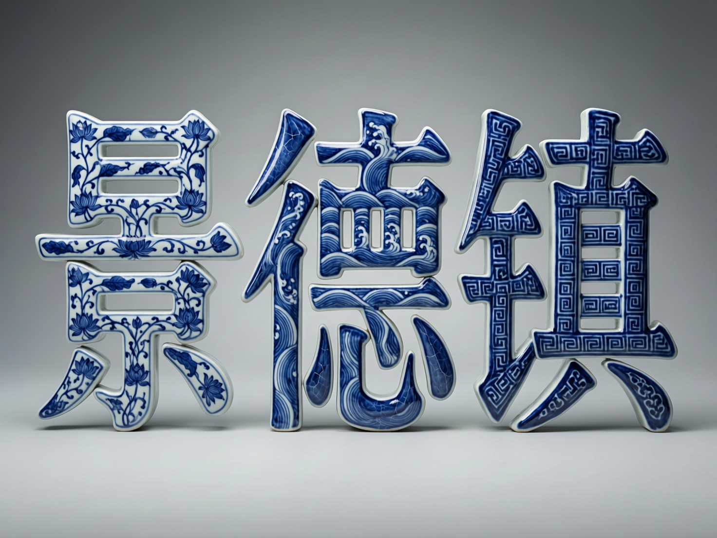 图中展示了三个巨大的立体汉字“景德镇”，它们整齐地排列在灰白色的渐变背景中。这些汉字仿佛是由精美的青花瓷制成，表面洁白莹润，并绘有深蓝色的传统纹样。第一个“景”字布满了缠枝莲花纹；中间的“德”字则装饰着翻腾的海浪纹；最后的“镇”字采用了严谨的回纹图案。每个字都呈现出厚实的立体感，边缘圆润，带有瓷器特有的光泽和细微的开片裂纹。

然而，画面中存在明显的 AI 生成缺陷。首先是文字结构错误：最左边的“景”字上半部分多出了横向的结构，导致字体变形；中间的“德”字右半部分结构混乱，笔画相互挤压，失去了正确的汉字间架。此外，右侧“镇”字的偏旁部首连接处显得生硬且不符合常规书写逻辑。整体构图虽然简洁，但字体的笔画细节在逻辑上并不严谨。