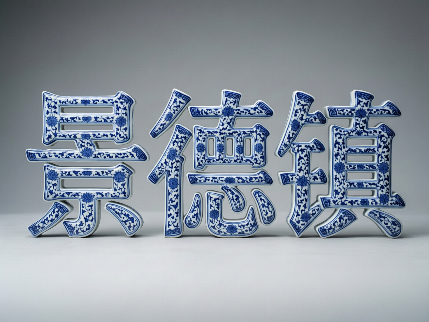 图中展示了三个巨大的立体汉字“景德镇”，它们并排站立在浅灰色的平滑背景中。这些汉字的材质模仿了中国传统的青花瓷，白色的瓷面上布满了细腻的深蓝色缠枝莲花纹样，呈现出一种古朴而典雅的艺术风格。构图简洁，光线从上方柔和地洒下，在地面上投射出淡淡的阴影，增强了字体的立体感和厚重感。

然而，作为一张 AI 生成的图片，画面中存在明显的逻辑和结构缺陷。首先，“景”字的下半部分结构发生了扭曲，笔画连接处显得生硬且不符合汉字书写规范；“德”字中间的“目”部变成了三个并排的小方孔，且右下角的“心”部结构混乱，笔画断裂；“镇”字的右侧部分则完全变形，内部填充了多个重复的横向格栅，失去了原有文字的形态。此外，字体边缘的青花纹路在转折处显得不够自然，缺乏真实陶瓷烧制后的质感。