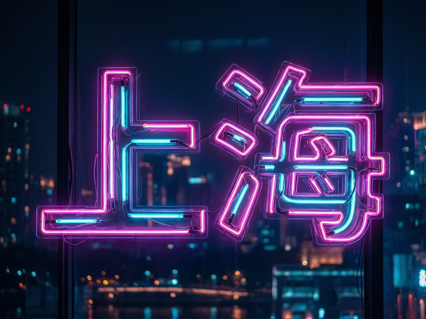 图中展示了一个充满赛博朋克风格的夜晚场景。画面中心是一个巨大的霓虹灯招牌，由粉紫色和亮蓝色的双色灯管组成，呈现出汉字形状。背景是模糊的城市夜景，隐约可见高楼大厦的灯火和波光粼粼的水面，营造出一种繁华而迷幻的都市氛围。构图上，霓虹灯位于视觉中心，占据了大部分画幅，冷暖交替的光影在黑暗中非常醒目。

然而，画面中存在明显的 AI 生成缺陷，主要体现在文字结构的逻辑错误上。虽然左侧的字形接近汉字“上”，但右侧的字形结构混乱，试图模仿“海”字却失败了：三点水偏旁变成了三个互不相连、角度诡异的方块，右侧的主体部分笔画交织错乱，无法辨认成正确的汉字。此外，霓虹灯管的连接处显得生硬且缺乏物理支撑逻辑，部分光影在玻璃上的反射也略显不自然。