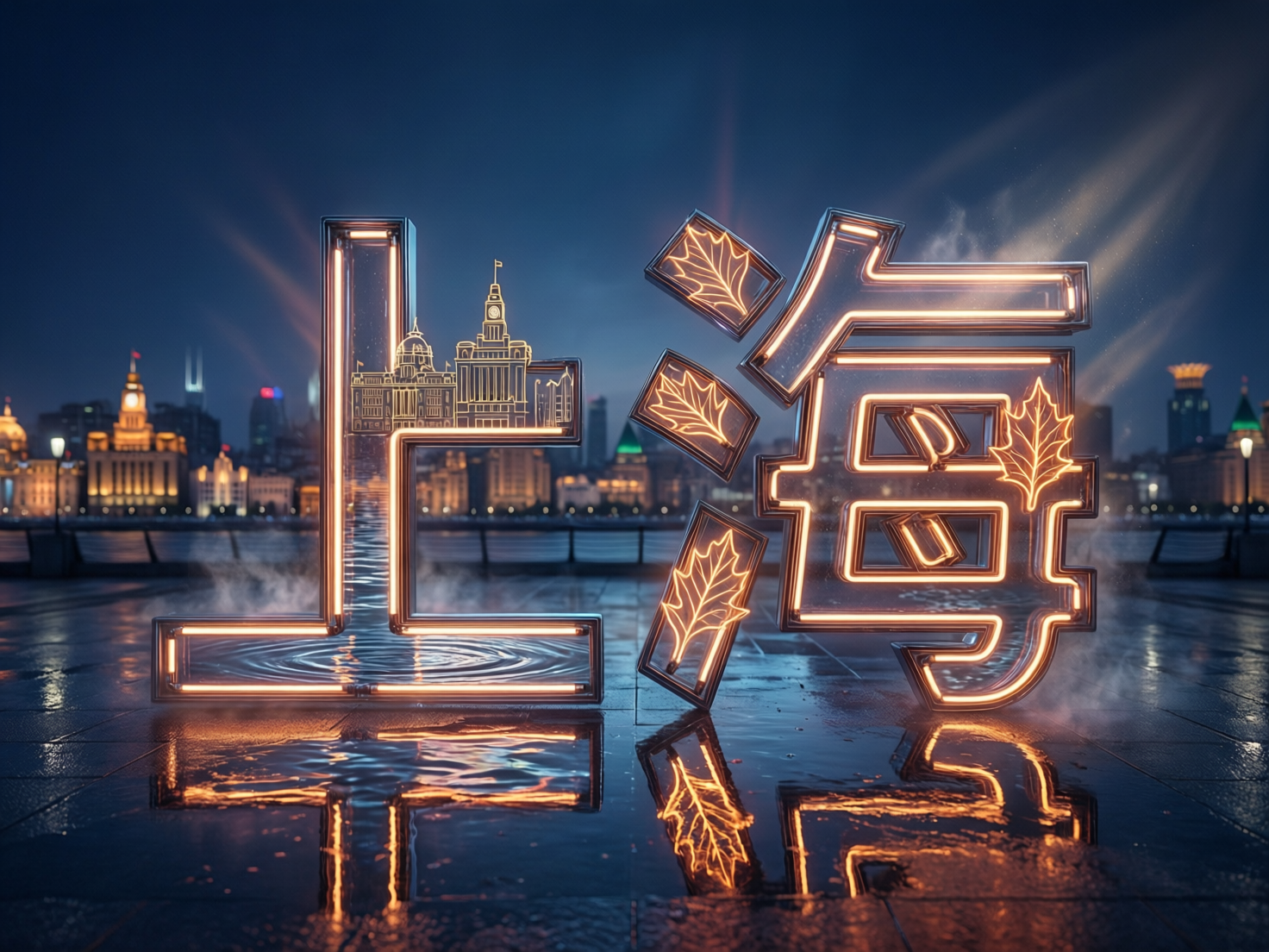 图中展示了一个融合了现代科技感与城市地标元素的创意场景。画面中心是两个巨大的 3D 玻璃质感汉字“上海”，矗立在潮湿、有倒影的地面上。这两个字内部镶嵌着暖橘色的霓虹灯带，散发出柔和的光芒。“上”字内部巧妙地勾勒出外滩万国建筑群的轮廓，而“海”字的笔画中则点缀着几片发光的枫叶。背景是模糊处理的上海夜景，可以看到标志性的外滩建筑和深蓝色的夜空，整体色调以冷蓝与暖橘的对比为主，营造出一种赛博朋克般的都市氛围。

在 AI 生成的细节方面，存在一些明显的逻辑缺陷：首先，“海”字的结构被拆解得过于零碎，左侧的“三点水”变成了三个独立的方块，且字形笔画存在扭曲和不连贯；其次，背景中的建筑细节模糊且比例失调，部分光影投射与光源位置不完全匹配；地面上的水渍倒影虽然增加了质感，但倒影中的文字轮廓与实物相比显得有些破碎和不自然。