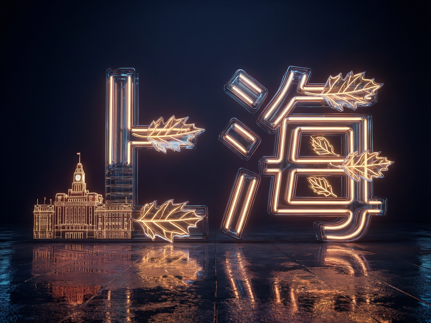图中呈现了一个以“上海”两个汉字为核心的创意视觉场景。这两个字采用了透明玻璃质感的 3D 设计，内部嵌入了暖黄色的霓虹灯管，散发出柔和的光芒。在汉字的笔画边缘，点缀着几片同样带有发光脉络的枯叶，增添了一丝秋意。左侧背景中，精细地勾勒出了上海外滩海关大楼的轮廓，同样以金色线条呈现。整个装置立于一个潮湿、具有镜面反射效果的深色地面上，倒影清晰可见，背景则是深邃的暗蓝色调。画面构图均衡，冷暖色调对比鲜明。在 AI 生成的细节方面，可以观察到“海”字的笔画结构存在明显的逻辑错误，右半部分的内部线条杂乱且不符合汉字标准写法，同时部分叶片的生长位置与字体结构的衔接显得较为生硬，缺乏自然的物理透视感。