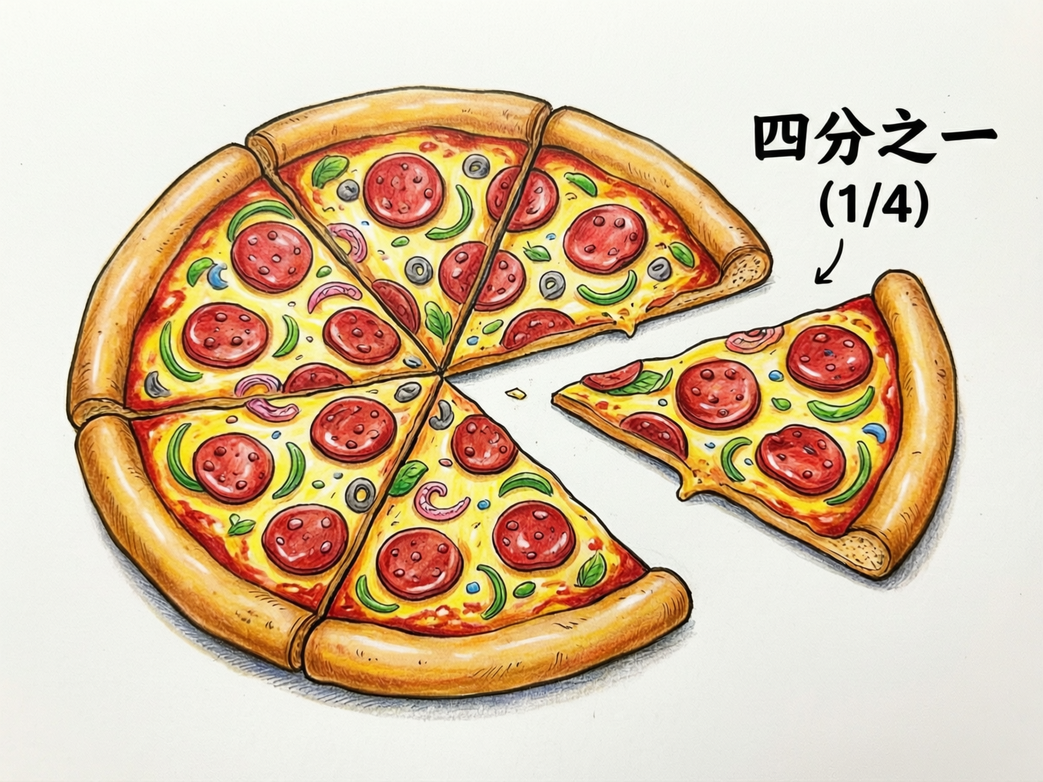 图中展示了一幅手绘风格的披萨插图，背景为纯白色。画面主体是一个被切开的圆形腊肠披萨，色调以金黄色的饼底、鲜红色的腊肠片和翠绿色的青椒丝为主，整体色彩明亮且具有食欲。披萨被分成了大小不一的几块，其中右侧有一块被单独移出，上方用黑色手写体标注着中文“四分之一”及括号内的数字“(1/4)”，并带有一个指向该切块的小箭头。

然而，画面中存在明显的 AI 生成逻辑错误。虽然文字标注为“四分之一”，但从视觉上看，被移出的那一块披萨的角度明显小于 90 度，大约只占整个圆形的六分之一到八分之一。此外，剩下的披萨主体被不规则地切成了五块，且切痕并没有汇聚在圆心，导致每一块的大小和形状都严重失衡。披萨边缘的厚 crust（饼边）在切割处衔接生硬，部分配料如黑橄榄和洋葱圈的分布也显得有些杂乱且透视关系不自然。