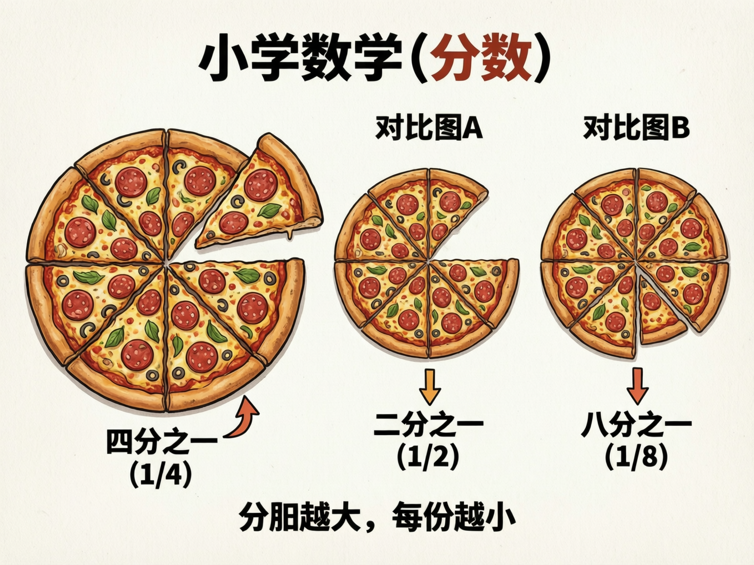 画面中是一张以披萨为案例的小学数学分数教学图示，背景为米白色。图中从左至右展示了三组披萨模型，分别标注为不同的分数。最左侧是一个被切成八块的大披萨，其中一块被拉出，下方文字却错误地标注为「四分之一 (1/4)」；中间是「对比图A」，披萨缺失了约四分之一的部分，下方标注为「二分之一 (1/2)」；右侧是「对比图B」，展示了一个切成八份的完整披萨，下方标注为「八分之一 (1/8)」。

这张图片存在明显的 AI 生成缺陷和逻辑错误：首先是数学逻辑完全混乱，文字标注的分数与披萨实际切割的份数完全不符；其次是文字错误，底部总结语将「分母」误写成了「分胆」；此外，披萨的切块线条在中心交汇处显得生硬且不规则，部分腊肠切片的透视感略显扁平。整张图虽然色彩鲜艳、构图整齐，但作为教学素材具有严重的误导性。