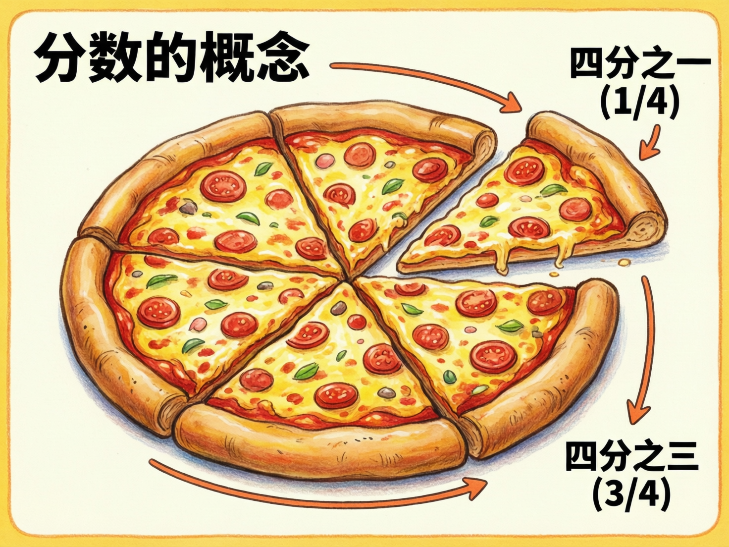 图中展示了一张用于教学“分数概念”的插画，背景为米白色，四周有淡黄色边框。画面中央是一个手绘风格的圆形腊肠披萨，披萨上铺满了融化的黄色奶酪、红色腊肠片和绿色罗勒叶。披萨被切成了大小不一的几块，其中右上角的一块被单独移开，并配有文字和箭头说明。左上角写着黑色大标题“分数的概念”。

画面中存在明显的 AI 生成逻辑错误：虽然文字标注为“四分之一（1/4）”和“四分之三（3/4）”，但披萨实际上被切分成了六块，而非四块。被移开的那一块仅占圆形的约六分之一，而剩下的主体部分由五块组成。此外，披萨的边缘轮廓在切缝处衔接得不够自然，部分腊肠片的形状略显扭曲。这种视觉上的切分数量与文字描述的数学逻辑完全不符，是典型的 AI 逻辑错误。