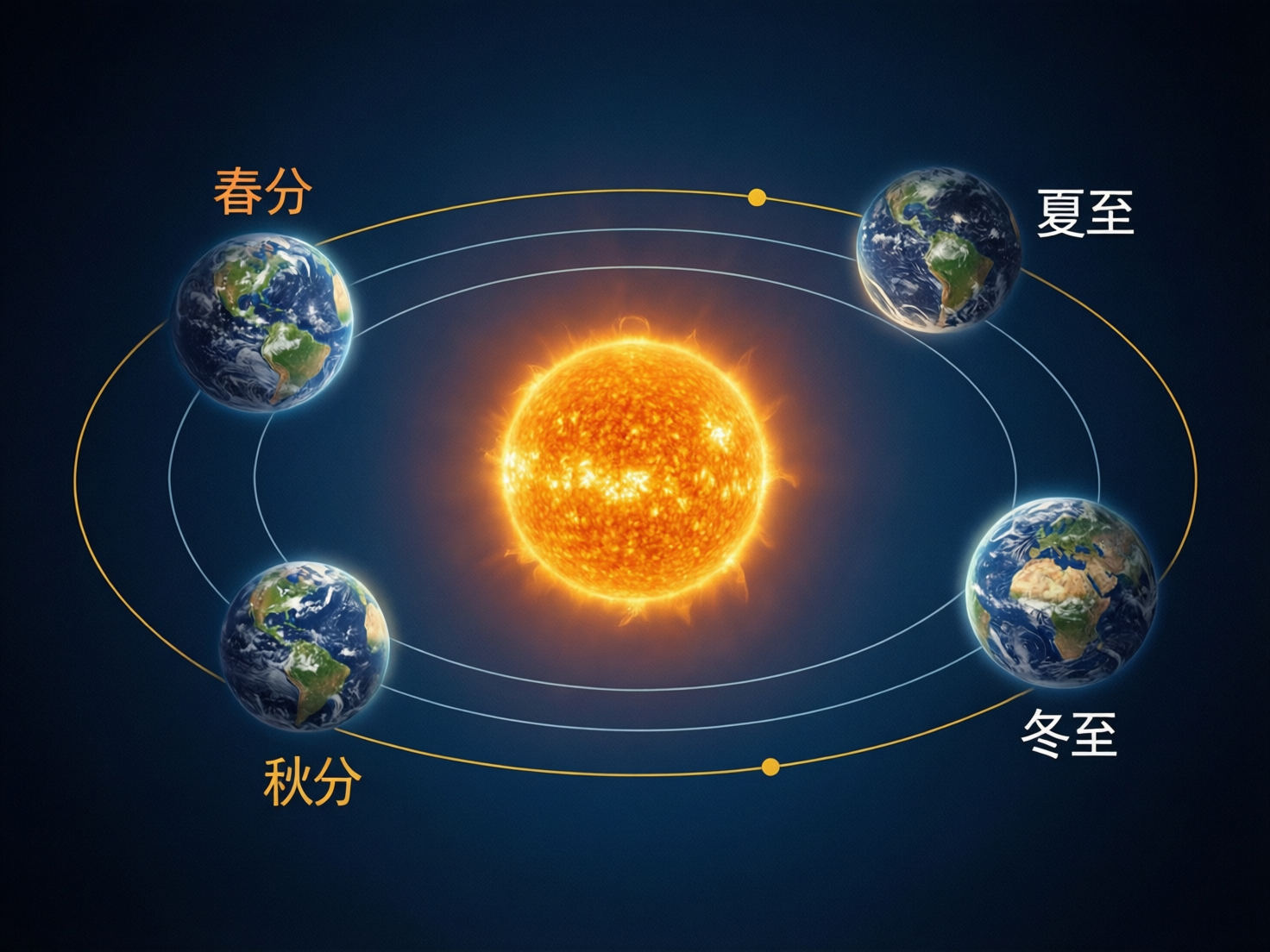 图中展示了一个关于地球绕太阳公转与二十四节气关系的科学示意图。画面中心是一颗散发着橙黄色光芒、表面带有火焰纹理的巨大太阳。四个大小相同的地球分布在太阳四周的椭圆形轨道上，分别标注着“春分”、“夏至”、“秋分”和“冬至”四个中文词汇。背景是深蓝色的宇宙空间。然而，这张 AI 生成的图片存在明显的科学逻辑错误和视觉缺陷：首先，四个地球的昼夜分布完全一致，并未体现出因公转位置不同而产生的晨昏线变化；其次，文字标注与地球实际的轨道位置严重不符，例如“夏至”和“冬至”本应处于轨道长轴的两端，图中却分布在右侧上下位置；此外，轨道线条出现了多重重叠且不闭合的透视异常，地球表面的陆地轮廓也显得模糊且不真实，缺乏严谨的地理准确性。