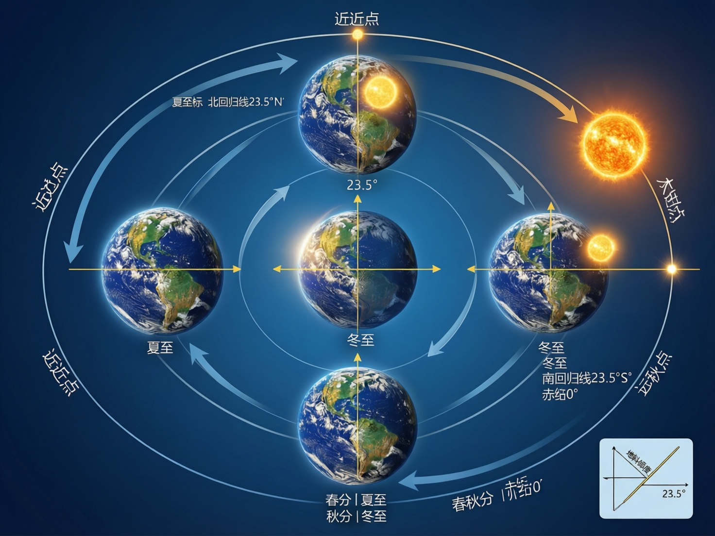 图中展示了一幅关于地球公转与四季变化的科学示意图，背景为深蓝色。画面中央和四周分布着五个地球模型，周围环绕着表示轨道路径的浅蓝色箭头和线条。右上角有一个发光的橙黄色太阳。图片试图通过地球在不同位置的状态来解释二分二至等天文现象。

然而，作为一张 AI 生成的图片，画面中存在严重的逻辑错误和文字缺陷。首先，文字标注极其混乱且存在大量错别字，例如出现了重复的“冬至”、含义不明的“近近点”，以及将“赤道”误写为“赤绗”或“赤绗0’”。其次，科学逻辑完全错误：太阳被放置在轨道边缘而非中心，且多个地球模型上叠加了微型太阳光斑，这不符合物理事实。此外，地球的昼夜阴影分布与标注的节气（如夏至、冬至）完全不对应，轨道线条交错杂乱，右下角的坐标图示也模糊不清，无法作为准确的教学参考。