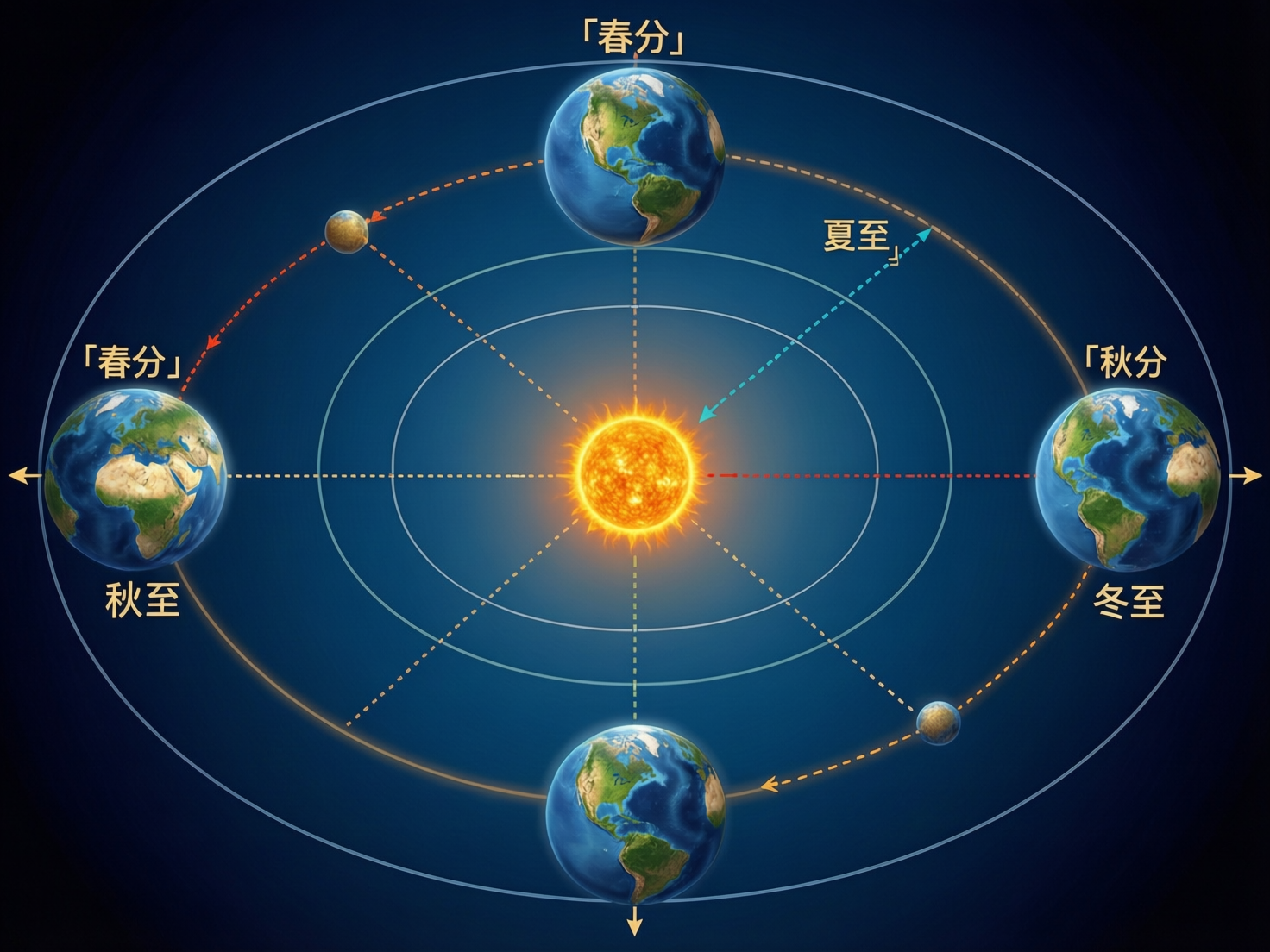 画面中展示了一幅关于地球公转与二十四节气的科学示意图。背景为深蓝色，中心是一颗发光的橙黄色太阳，四周分布着四个地球模型，分别位于椭圆形轨道的上下左右四个位置。图中使用了大量的虚线和箭头来表示运行轨迹和光照方向。然而，这张 AI 生成的图片存在严重的逻辑和文字错误：首先，节气标注完全混乱，左侧地球同时标注了「春分」和「秋至」（应为秋分或冬至），右侧标注了「秋分」和「冬至」，上方和下方也分别标注了重复或错误的节气名称，且出现了「夏至」指向虚空的错误引导。其次，科学逻辑错误明显，地球的倾斜角度和受光面在不同位置没有体现出季节变化。此外，轨道线上还出现了两颗多余的小型类地星球，且部分文字带有不自然的 AI 伪影和笔画缺失。总体而言，该图在视觉呈现上较为清晰，但作为科普信息则具有严重的误导性。