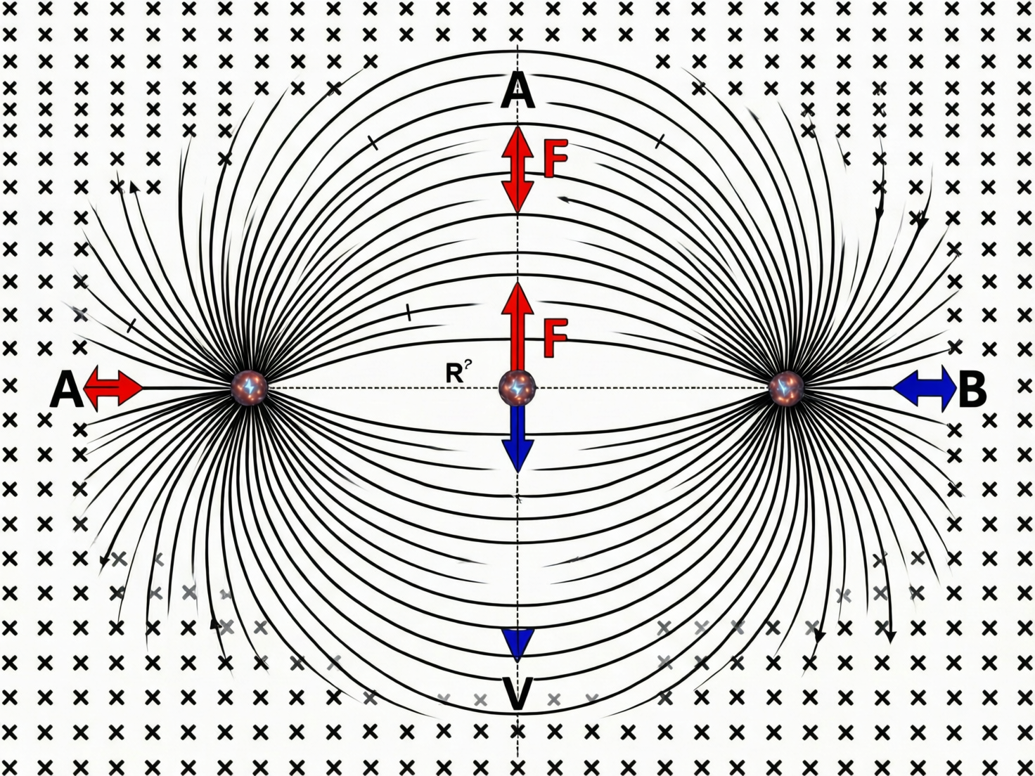 图中展示了一个模拟物理电磁场分布的示意图，背景布满了整齐排列的黑色“x”符号。画面中心有三个发光的球体，左右两个较大的球体之间连接着大量呈弧形发散的黑色线条，模拟磁感线或电场线的分布。图像中包含多个红色和蓝色的双向箭头，并标注有字母“A”、“B”、“F”和“V”，以及数学符号“R²”。

作为一张 AI 生成的图片，画面存在明显的逻辑和视觉缺陷：首先，物理公式和符号的标注非常混乱且不符合科学逻辑，例如“R²”悬浮在空中，字母“F”和“V”的指向与线条分布没有明确的物理关联。其次，背景的“x”符号在边缘处出现了模糊和重叠，部分线条在连接球体时显得生硬且不自然。最明显的缺陷在于线条的粗细不均，且在画面底部出现了一些意义不明的灰色杂乱色块，破坏了科学示意图应有的严谨感。