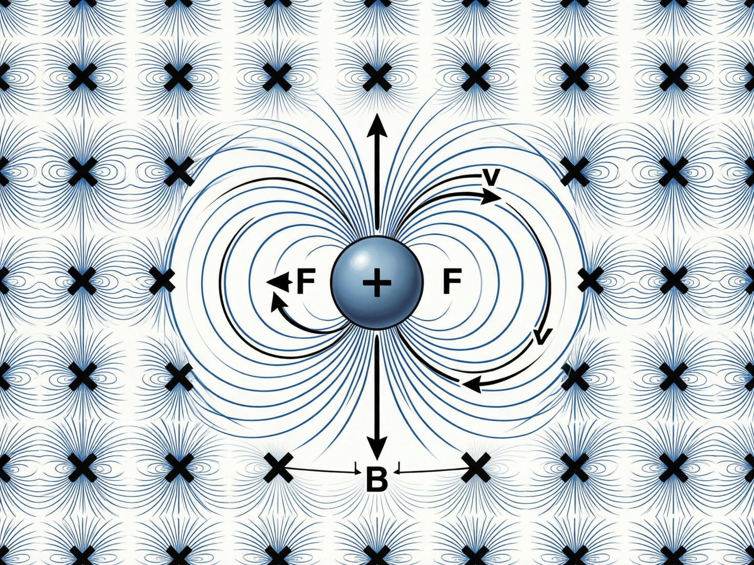 画面中展示了一个试图表现物理学电磁原理的示意图。背景由密集的蓝色细线条组成，这些线条呈放射状围绕着许多黑色的“X”符号排列，形成网格状的纹理。中心位置是一个带有正号“+”的蓝色立体圆球，周围环绕着类似磁感线的椭圆曲线。画面中分布着若干黑色箭头和字母，如“F”、“v”和“B”，意在表示力、速度和磁场方向。

作为一张 AI 生成的图片，其逻辑存在明显的科学性错误和视觉缺陷：首先，物理符号的标注极其混乱，字母“F”在中心圆球两侧对称出现，且指向不符合物理定律；底部的字母“B”被两个莫名其妙的弧形箭头夹在中间。其次，背景中的“X”符号和线条分布不均，部分线条出现了断裂、重叠和模糊的现象。最明显的 AI 痕迹在于线条的逻辑冲突，原本应代表磁场的曲线在中心球体附近交织得非常杂乱，缺乏严谨的几何美感，无法作为正式的教学参考。