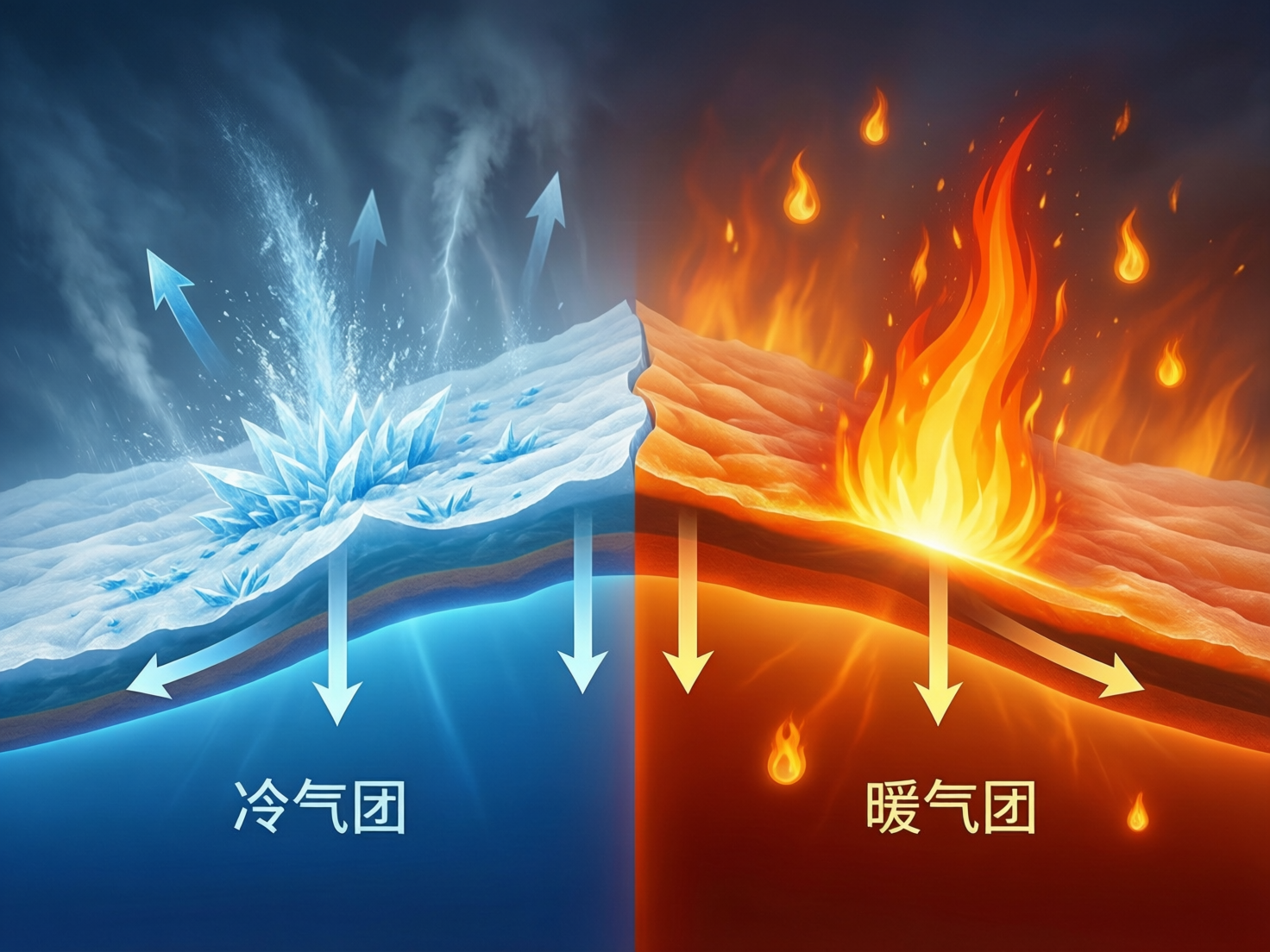 图中展示了一个关于冷暖气团交汇的创意科学示意图，画面被垂直平分为冷色调和暖色调两个部分。左侧代表“冷气团”，以深蓝色为背景，上方覆盖着厚重的冰层和尖锐的冰晶，伴有向上喷涌的水花和蓝色箭头，底部写有白色汉字“冷气团”。右侧代表“暖气团”，以深橙色为背景，上方燃烧着熊熊烈火，火苗向上升腾，周围有点点火星和向下指的黄色箭头，底部写有黄色汉字“暖气团”。中间是一层起伏的薄膜状物质将两者分隔。在 AI 生成的细节上，存在明显的逻辑和视觉缺陷：文字虽然清晰，但“暖气团”的“暖”字笔画略显生硬；箭头的指向与气象学中冷暖空气的流动规律不符，显得较为随意；中间的分隔层在交界处衔接不够自然，且背景中的烟雾和光影处理带有明显的数字合成痕迹。
