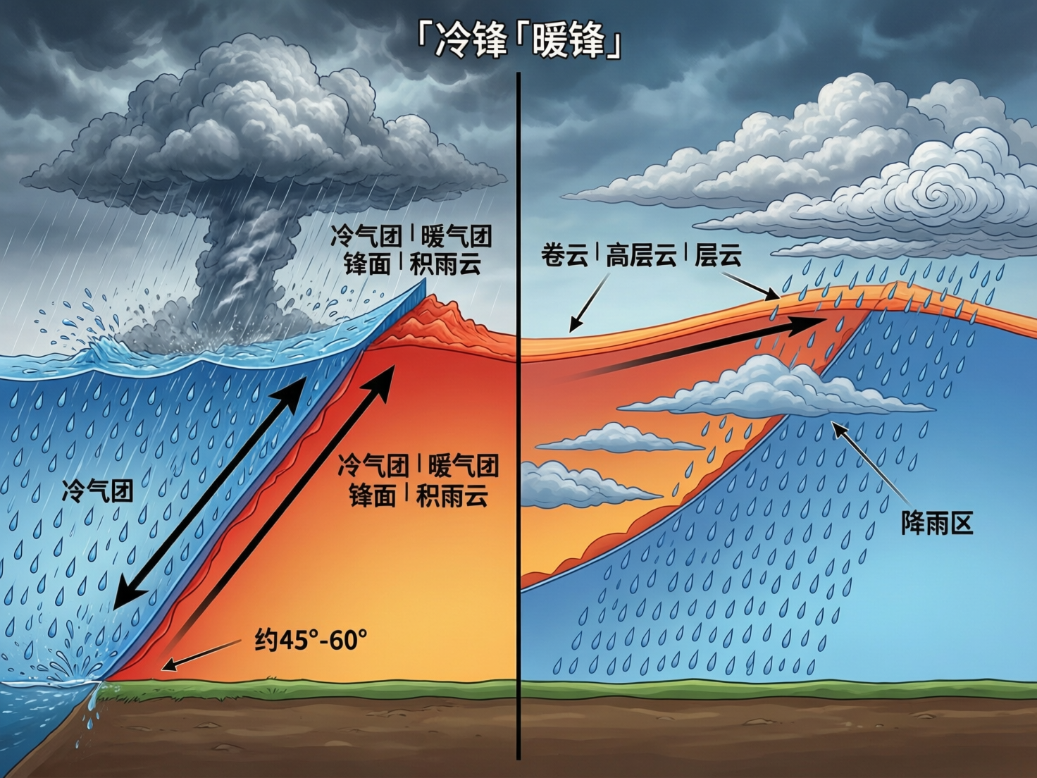 图中展示了一张关于“冷锋”与“暖锋”气象原理的对比示意图，采用左右分割的构图。左侧描述冷锋，冷气团以陡峭的角度切入暖气团下方，上方伴有巨大的深灰色积雨云和剧烈的降雨；右侧描述暖锋，暖气团沿平缓坡度爬升至冷气团之上，天空分布着层云和卷云，降水区较为平缓。画面色彩鲜明，冷气团用蓝色表示，暖气团用橙红色表示。

然而，这张 AI 生成的图片存在严重的逻辑和文字缺陷。首先，文字标注极度混乱且重复，左右两边都出现了完全相同的“冷气团/暖气团/锋面/积雨云”标签，且位置与实际内容不符。其次，左侧冷锋处的降水表现得像喷泉一样从地面向上喷涌，违反物理常识。此外，图中箭头的指向逻辑不清，部分文字如“约45°-60°”指向不明，且存在大量无法辨识的线条杂质，作为教学参考具有严重的误导性。