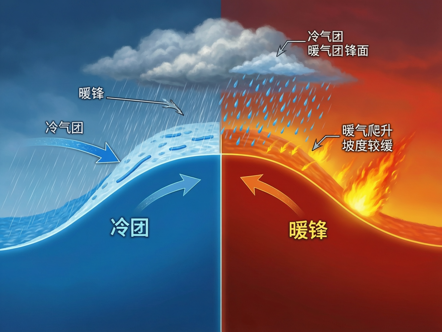 图中展示了一幅试图解释气象学中“冷锋”与“暖锋”原理的示意图。画面被垂直平分为左右两部分，左侧以冷色调的蓝色为主，右侧以暖色调的红色和橙色为主。中间有一座隆起的山丘状结构，上方覆盖着积雨云并伴有降雨。画面中分布着多个中文标注和指向箭头，用以说明气流运动。

然而，这张 AI 生成的图片存在严重的逻辑错误和视觉缺陷。首先，文字标注极其混乱且自相矛盾：左侧蓝色区域标注为“冷团”，但上方箭头却指向“暖锋”；右侧红色区域标注为“暖锋”，但上方箭头又指向“冷气团”。其次，科学原理表现错误，画面右侧甚至出现了不合常理的火焰效果，将“暖气团”误导性地表现为燃烧的火堆。此外，部分文字如“暖气爬升坡度较缓”的指向线与背景元素重叠，视觉引导极不清晰。整体构图虽然色彩鲜艳，但在传递科学知识方面具有严重的误导性。