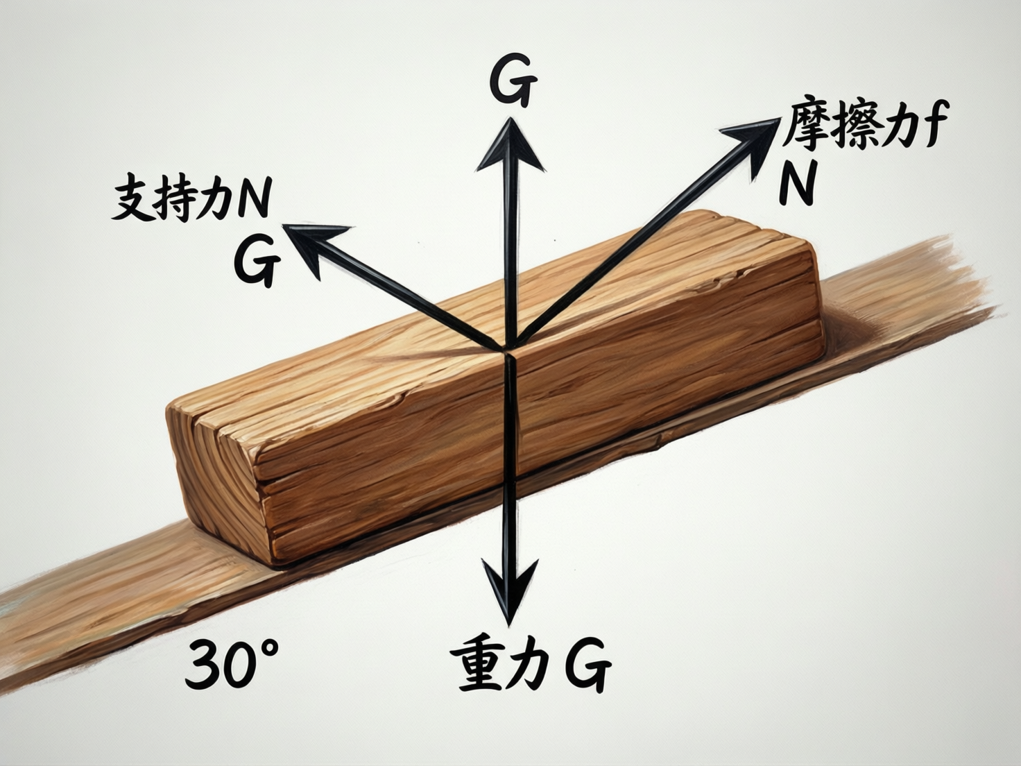 图中展示了一个关于物理受力分析的示意图，背景为纯净的浅灰色。画面中央是一个长方体木块，放置在倾斜的木质轨道上。木块和轨道都呈现出写实的木纹质感，色调以棕褐色为主。木块中心延伸出四个黑色的受力箭头，并配有中文标注。然而，这张 AI 生成的图片在物理逻辑和文字标注上存在严重的错误：首先，代表“重力 G”的箭头虽然向下指，但同时又向上指了一个标有“G”的箭头，违背物理常识；其次，标注为“支持力 N”的箭头指向左上方，但下方却多出一个字母“G”；标注为“摩擦力 f”的箭头指向右上方，下方却多出一个字母“N”。此外，左下角的“30°”标注悬浮在空中，没有对应的角度弧线。整体构图虽然清晰，但受力方向与文字符号的对应关系完全混乱，不具备科学参考价值。