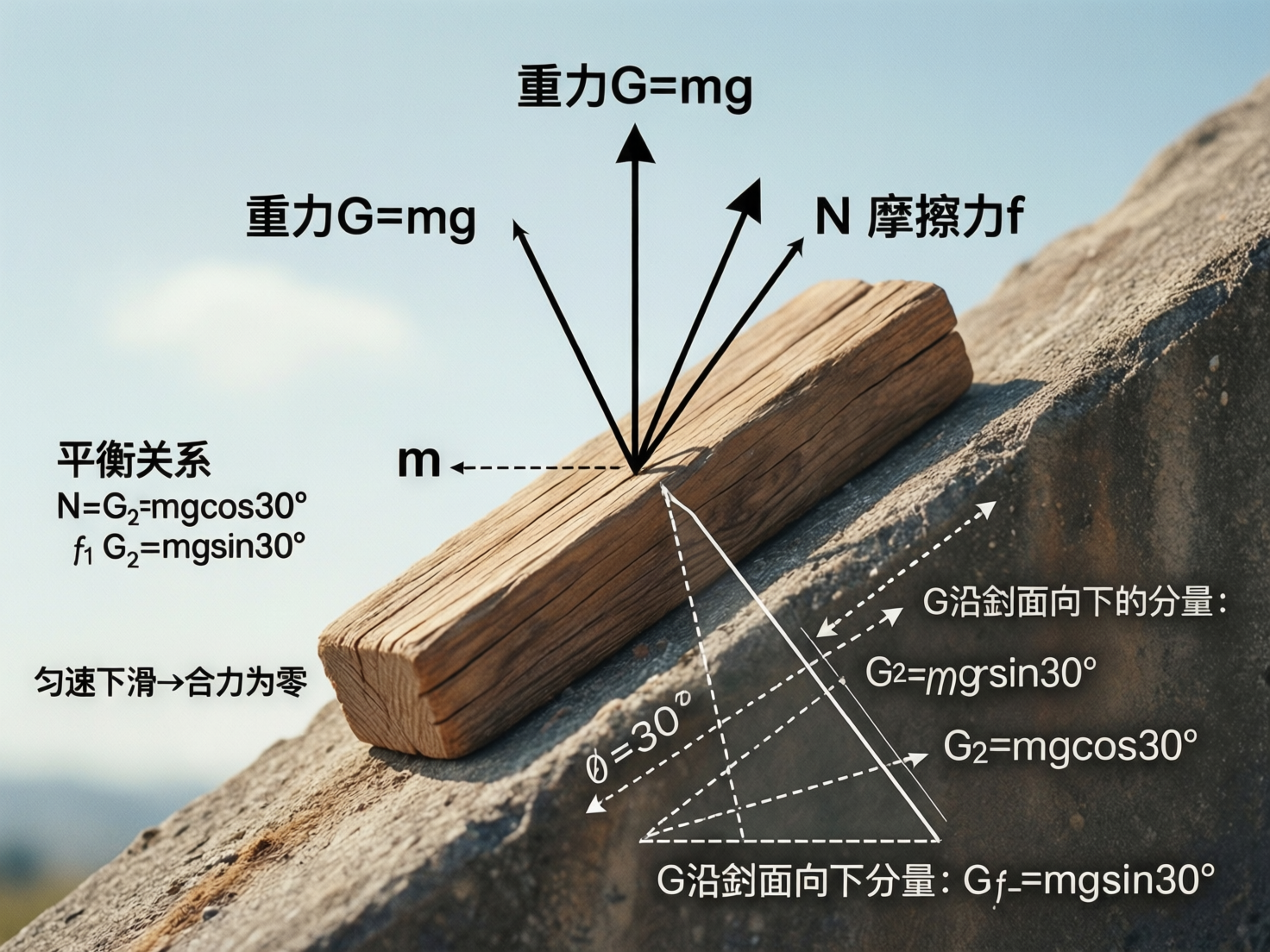 画面中展示了一个物理受力分析的教学场景。主体是一块长方形的木块，倾斜地放置在粗糙的灰色岩石斜面上，背景是明亮的蓝天。木块上方叠加了多个黑色的受力箭头和中文物理公式。然而，这张 AI 生成的图片存在严重的逻辑和视觉错误：首先，物理受力方向完全错误，图中将“重力 G”标注为向上指的箭头，而实际重力应垂直向下；其次，文字标注极其混乱，出现了多个重复且矛盾的公式，如“G2”同时等于正弦和余弦函数，且部分字符重叠。此外，木块与斜面的接触透视不自然，下方的几何辅助线与斜面角度不匹配。画面左侧标注着“匀速下滑”，但整体受力示意图并未遵循基本的物理平衡定律。这不仅是一张 AI 幻觉严重的图片，在科学教育上也具有明显的误导性。