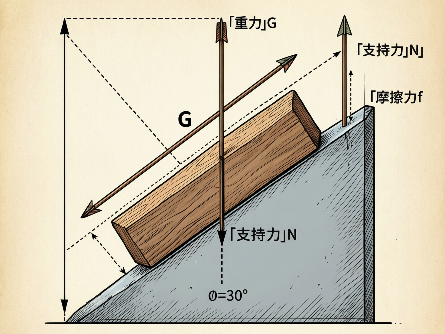 画面中展示了一张试图解释物理受力分析的示意图，背景为淡黄色的复古纸张质感。主体是一个长方形木块放置在灰色的斜面上，斜面下方标注着“θ=30°”。画面中使用了多支箭矢形状的线条来表示力，并配有中文标注。

然而，这张 AI 生成的图片在物理逻辑和文字表达上存在严重的错误。首先，受力分析完全不符合物理定律：标注为“重力 G”的箭矢竟然指向斜上方，而本应垂直向下的重力位置却被错误地标注为“支持力 N”。此外，斜面顶端莫名其妙地垂直插着一支箭，标注为“摩擦力 f”，这与摩擦力应沿接触面方向的常识相悖。图中还出现了多条含义不明的虚线和重复的标注，文字排版混乱，部分箭头的指向与物理受力方向完全脱节。整体构图虽然模仿了教科书插图，但其科学逻辑是错误的，无法作为准确的学习参考。