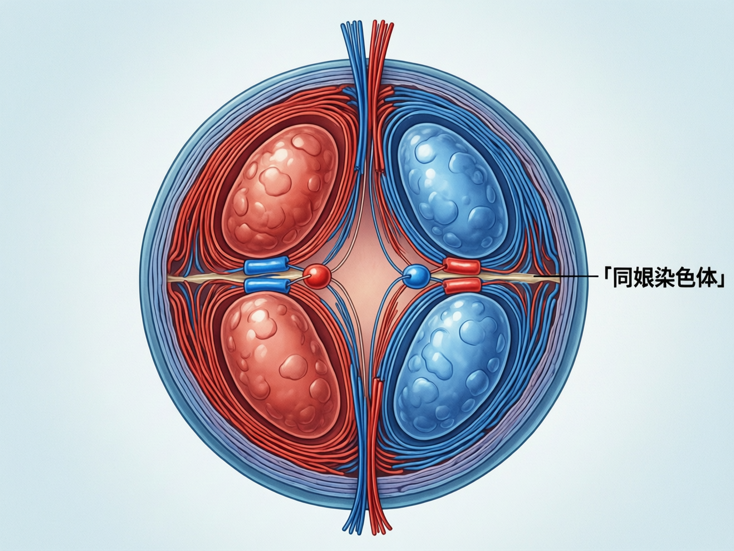 图中展示了一个圆形的生物医学示意图，背景为淡蓝色。画面中心是一个被圆形外壳包裹的复杂结构，内部对称地分布着四个椭圆形的块状物，左侧两个为红色，右侧两个为蓝色，表面带有凹凸不平的纹理。这些块状物被大量纤细的红色和蓝色线条缠绕，线条在中心交汇并向上下两端延伸。画面右侧有一行黑色文字「同娘染色体」。作为 AI 生成的图片，其生物学逻辑存在明显缺陷：首先，文字中的「同娘」并非标准的生物学术语，应为「同源」的误写；其次，画面中的结构虽然模仿了细胞分裂或染色体的形态，但其连接方式、线条走向以及核心连接点的构造并不符合真实的科学解剖逻辑，更像是一种艺术化的抽象表达，而非严谨的教学插图。