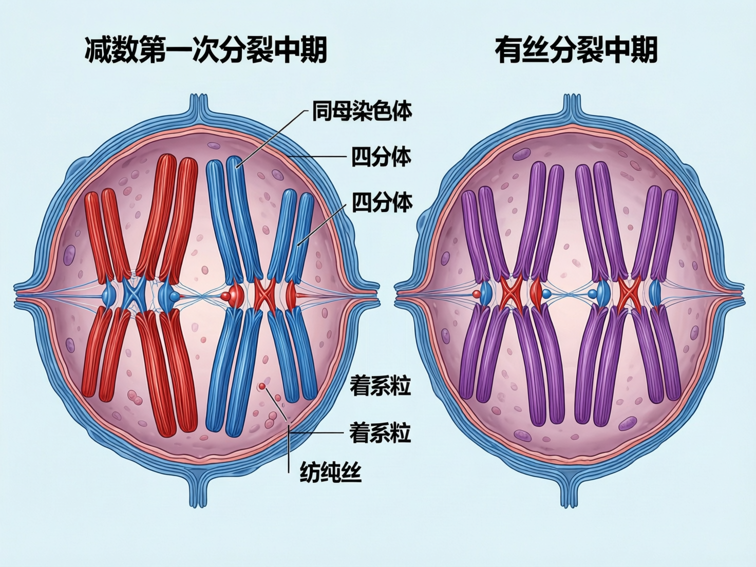 画面中展示了两幅对比生物细胞分裂过程的科学示意图，背景为淡蓝色。左侧标注为“减数第一次分裂中期”，展示了一个含有红色和蓝色染色体的细胞，染色体成对排列在赤道板两侧；右侧标注为“有丝分裂中期”，展示了一个含有紫色染色体的细胞，染色体单排排列。图中使用了大量的中文标签，如“同母染色体”、“四分体”、“着丝粒”和“纺纯丝”。

作为 AI 生成的图片，画面存在明显的科学逻辑错误和文字缺陷：首先，文字标注出现了多处错误，如将“同源染色体”误写为“同母染色体”，将“纺锤丝”误写为“纺纯丝”，且“四分体”和“着丝粒”的标签重复指向了模糊的区域。在生物学结构上，染色体的形态显得生硬且不自然，连接处的线条杂乱，未能准确表现纺锤丝与着丝粒的连接关系。此外，细胞边缘的蓝色轮廓线条在顶部和底部出现了不自然的突起和断裂，整体透视略显扁平。