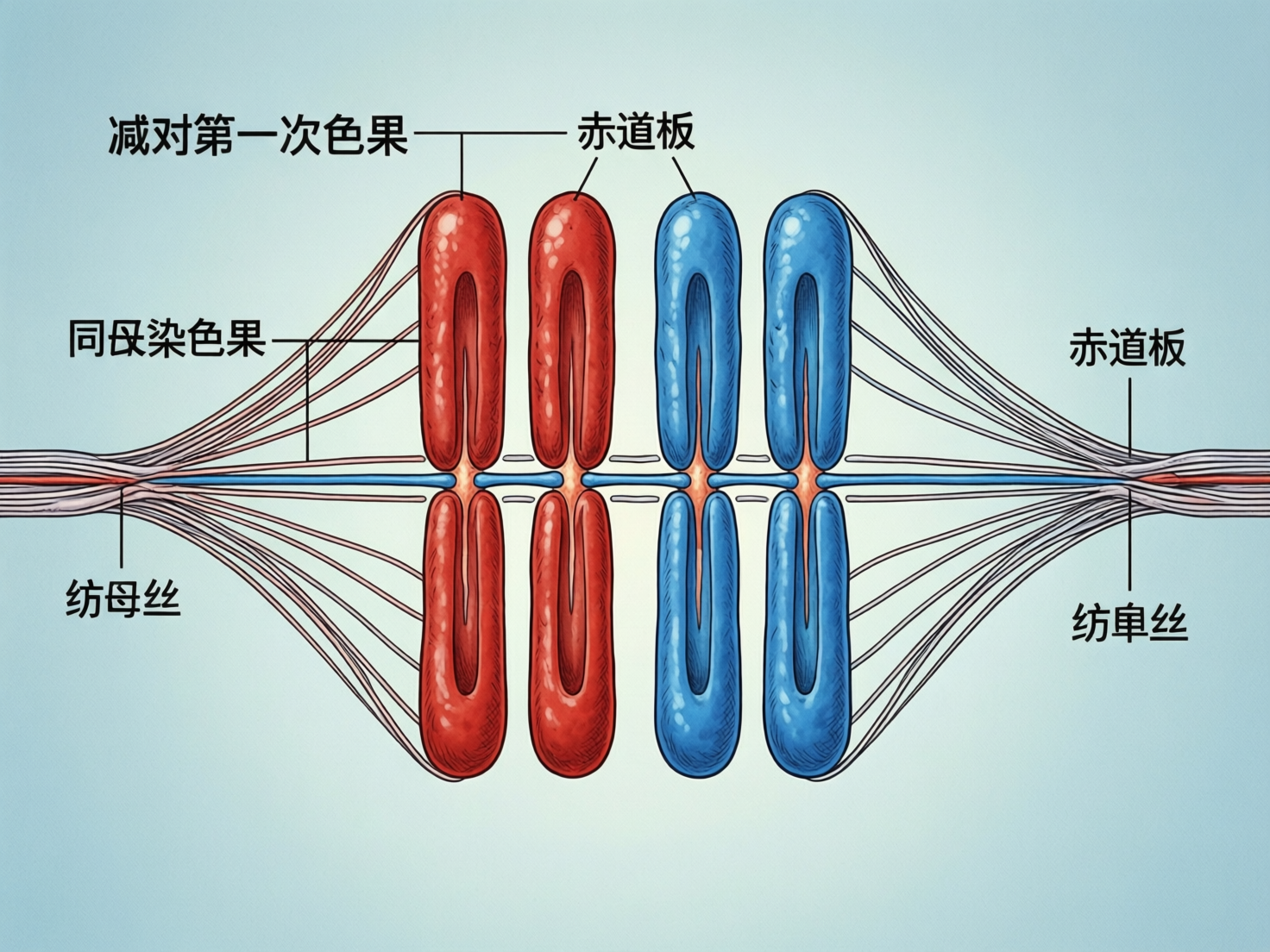 图中展示了一幅试图描绘生物细胞减数分裂过程的科学示意图。画面背景为淡蓝色，中心排列着四个胶囊状的染色体结构，左侧两个为红色，右侧两个为蓝色。这些染色体被细长的线条（纺锤丝）连接并向左右两侧拉伸。画面中分布着多处中文标注，但存在明显的 AI 生成缺陷：文字内容逻辑混乱且包含大量错别字，例如将“染色体”误写为“色果”或“染色果”，将“纺锤丝”误写为“纺母丝”或“纺单丝”。此外，解剖结构不准确，本应代表赤道板的标注线指向了染色体顶部，而右侧的“赤道板”标注则指向了纺锤体的极点。整体构图虽然对称，但科学术语的错误使得这张图无法作为准确的教学参考。