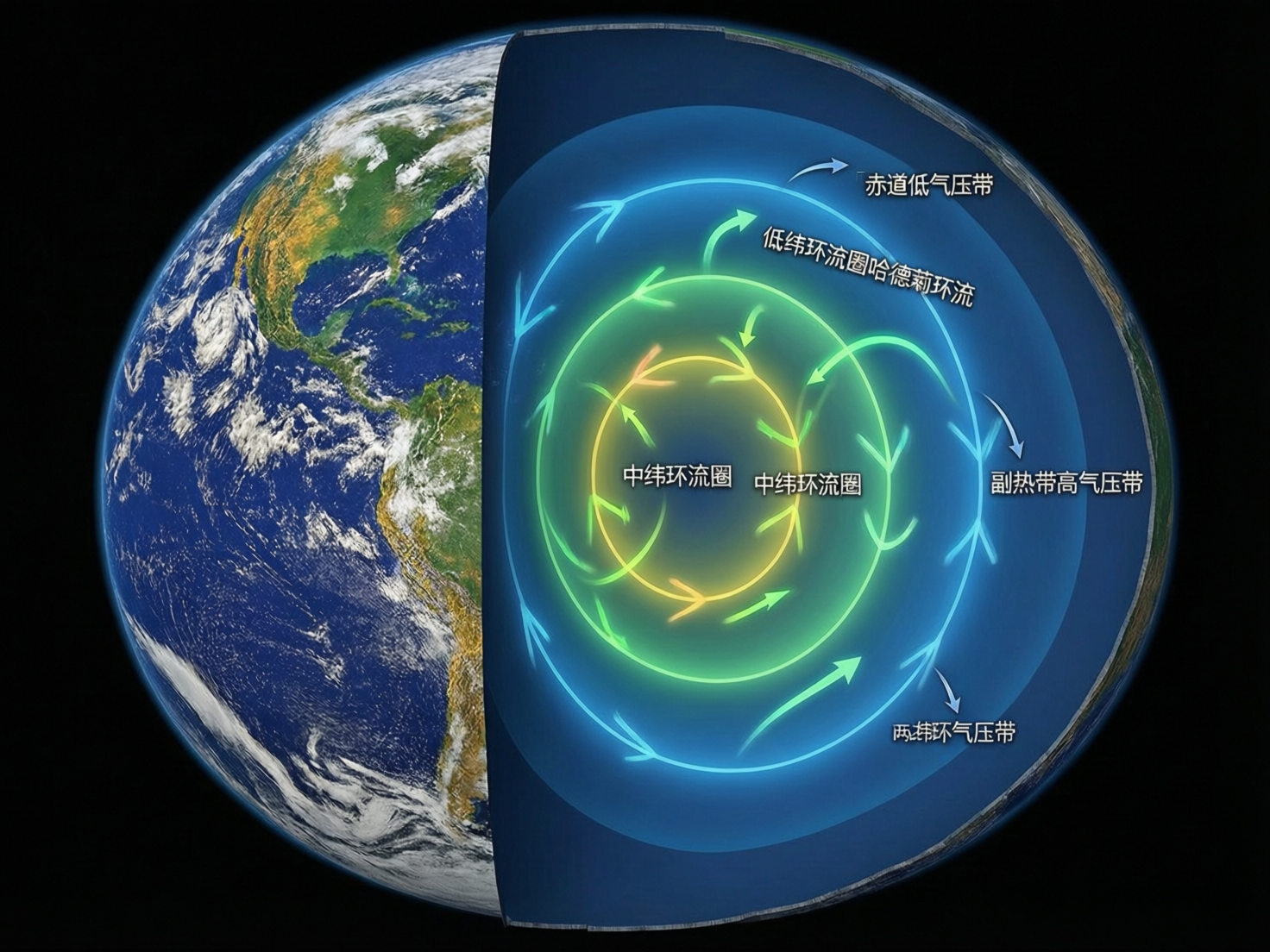 图中展示了一个以黑色太空为背景的地球剖面示意图。球体的左侧是写实的地球外观，可以看到蓝色的海洋、绿褐相间的美洲大陆以及白色的云团。球体的右侧被“切开”，展示了大气环流的层级结构，由内而外分布着黄色、绿色和蓝色的发光圆环，圆环上带有指示气流方向的箭头。画面中配有简体中文标注，如“赤道低气压带”、“中纬环流圈”等。然而，这张 AI 生成的图片存在明显的逻辑和视觉缺陷：首先，文字标注极其混乱，多处文字重叠且指向不明，例如“中纬环流圈”出现了两次并挤在一起；其次，底部出现了“两纬环气压带”这种错误的地理术语；最严重的透视异常在于，右侧的大气环流圈本应包裹在地球外层，但画面却将其处理成了一个嵌套在地球内部的平面圆盘，且圆环的线条交错杂乱，缺乏科学示意图应有的严谨性。