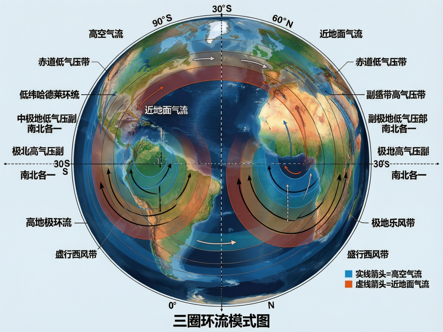 画面中展示了一张试图解释地球“三圈环流模式”的示意图。背景是一个球形的地球，显示了美洲、非洲和大西洋的地理轮廓，球体上覆盖着大量彩色半透明的弧形箭头，用以表示大气环流的方向。图片四周分布着密集的中文标注和经纬度数值。然而，作为一张 AI 生成的教学图片，它存在严重的逻辑和事实错误：首先，地理坐标完全混乱，球体顶端标注为“90°S”（南极），底端却标注为“0°”和“N”，且侧面出现了“30°S”与“60°N”并列的荒谬排布。其次，文字标注存在大量 AI 幻觉，如“极地乐风带”、“极北高气压副”等词汇并非标准地理术语，且部分文字重叠模糊。画面中的环流箭头指向杂乱，未能正确体现赤道低压带或信风带的科学规律。整体构图虽然色彩丰富、具有科技感，但由于地理常识的系统性错误，无法作为准确的科学参考资料。