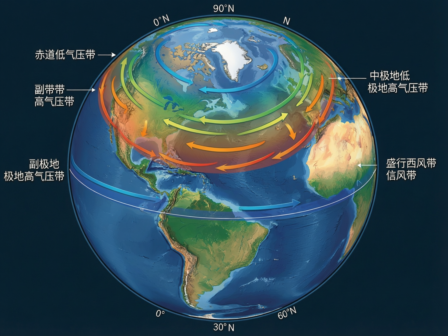 图中展示了一个以地球为背景的地理示意图，旨在说明全球大气环流和气压带的分布。画面中心是一个写实的地球球体，北半球占据了主要视线，可以看到北美洲、北大西洋及部分非洲和南美洲。地球表面覆盖着彩色半透明的弧形箭头，颜色从北极的蓝色、绿黄色过渡到赤道附近的橙红色，象征着不同纬度的风向与气流。球体边缘标注了纬度刻度，如“90°N”和“0°”。

然而，这张 AI 生成的图片存在严重的科学逻辑错误和文字缺陷。首先，文字标注逻辑混乱且存在错别字，例如将“副热带”写成“副带带”，将“极地高气压带”错误标注在副极地位置，甚至出现了“中极地低”这种不存在的地理词汇。其次，纬度标注完全错误，赤道位置被标为“30°N”，而本应是北极的地方却出现了“0°N”的字样。此外，箭头的流向与真实的全球大气环流规律不符，大陆轮廓在细节处也显得模糊且不准确，无法作为正式的地理教材使用。