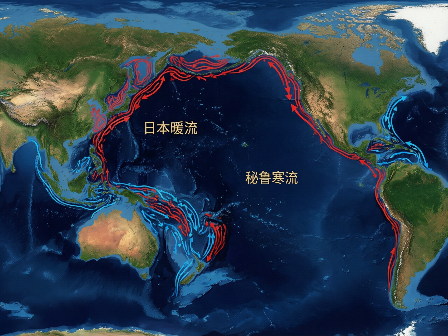 图中展示了一幅以太平洋为中心的世界地图，旨在描绘洋流分布。画面背景是深蓝色的海洋和带有绿色植被、黄色荒漠的陆地地形。地图上布满了密集的红色和蓝色箭头线段，分别代表暖流和寒流。画面中央有两行黄色的简体中文文字，左侧标注为「日本暖流」，右侧标注为「秘鲁寒流」。

作为一张 AI 生成的地理示意图，该图存在明显的科学性错误和视觉缺陷。首先，地理轮廓严重失真，例如澳大利亚东侧出现了多余且破碎的陆地块，东南亚群岛形状混乱。其次，洋流标注与实际地理常识完全不符：文字标注的「秘鲁寒流」本应位于南美洲西岸且为蓝色，图中却将其放在太平洋中央且指向红色的洋流；而南美洲西岸本应是寒流，图中却画成了红色的暖流。此外，箭头的线条排布杂乱无章，在澳大利亚北侧和白令海峡附近出现了毫无逻辑的缠绕和重叠，完全失去了地理教学参考价值。