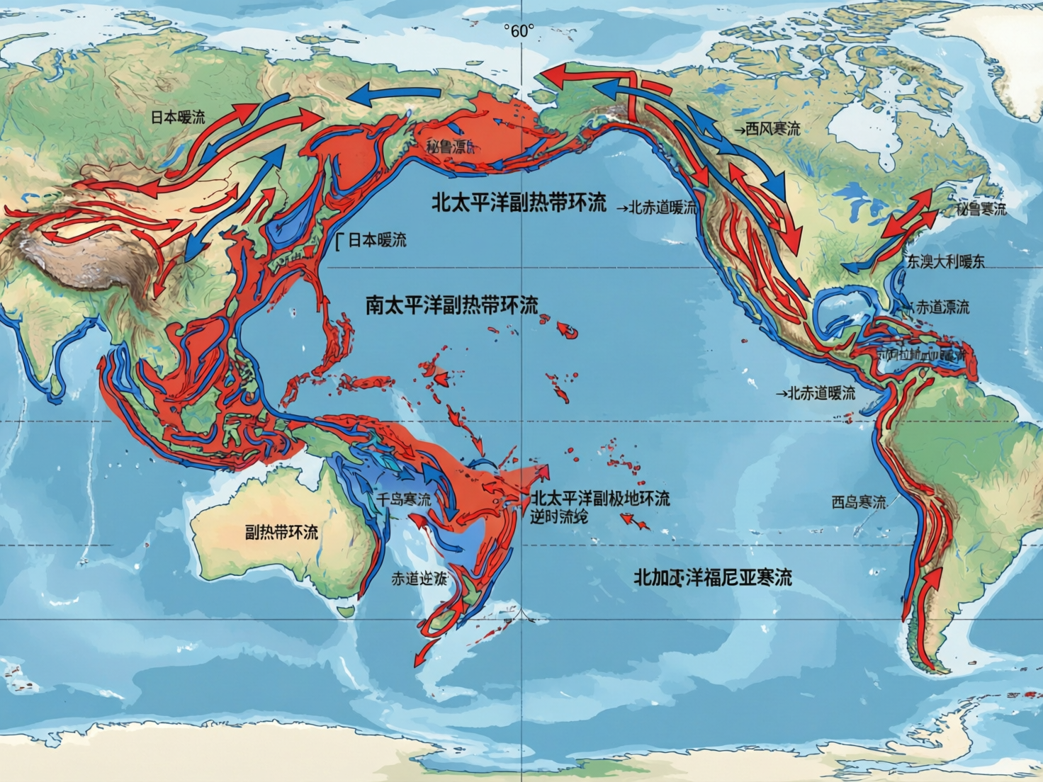 图中展示了一张试图描绘全球洋流分布的世界地图，以太平洋为中心，采用了手绘插画风格。画面以浅蓝色的海洋和浅绿、土黄色的陆地为底色，海面上布满了密集的红色和蓝色箭头，分别代表暖流和寒流。然而，这张图片存在严重的 AI 生成缺陷：首先，地理轮廓极度扭曲，各大洲的形状与实际地理完全不符，例如澳洲与亚洲相连，美洲形状支离破碎；其次，文字标注逻辑混乱且存在大量错误，如“日本暖流”出现在内陆，“北太平洋”字样出现在南半球，且出现了诸如“北加忑洋福尼亚寒流”等生造词汇；最后，洋流箭头的走向杂乱无章，甚至穿过了陆地内部。整体而言，这是一张地理科学性完全错误、仅具视觉装饰感的 AI 误构图。