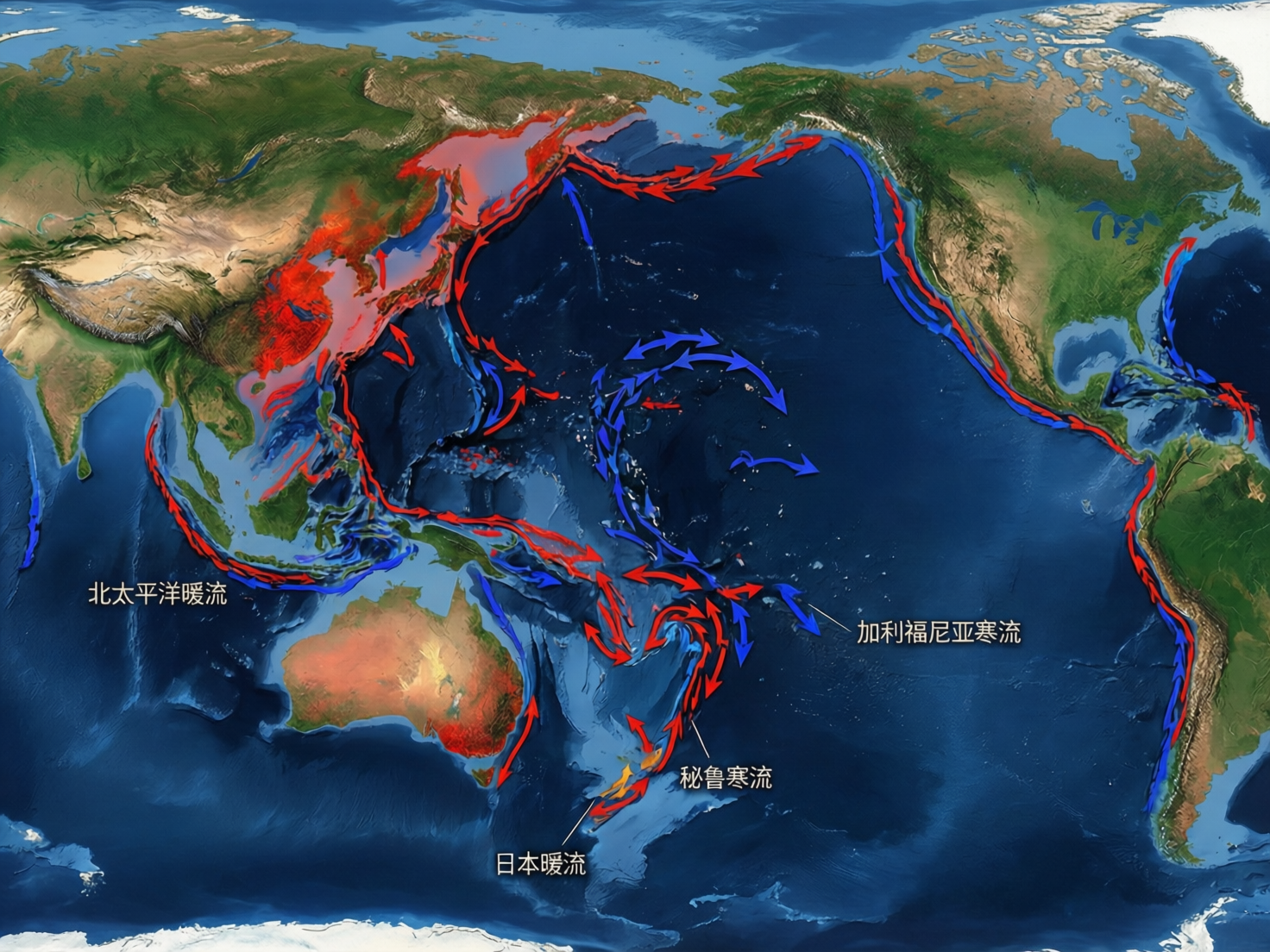 画面中展示了一幅以太平洋为中心的全球洋流示意图。背景是写实风格的地球卫星地图，深蓝色的海洋占据了大部分画面，四周环绕着亚洲、大洋洲、北美洲和南美洲的绿色及褐色陆地。地图上叠加了大量红色和蓝色的箭头，分别代表暖流和寒流，并附有一些中文标注。

作为一张 AI 生成的图片，画面中存在显著的地理逻辑错误和文字误导：首先，地理轮廓严重失真，例如澳大利亚的形状怪异，东南亚群岛杂乱无章，且东亚地区被大片不自然的红色阴影覆盖。其次，洋流的标注与实际地理位置完全错乱，例如「日本暖流」被标注在靠近南极的新西兰附近，「秘鲁寒流」出现在赤道附近，而「加利福尼亚寒流」则指向了太平洋中部。此外，箭头的流向杂乱无序，不符合真实的洋流循环规律。文字虽然清晰，但其指代的内容在科学上是错误的。